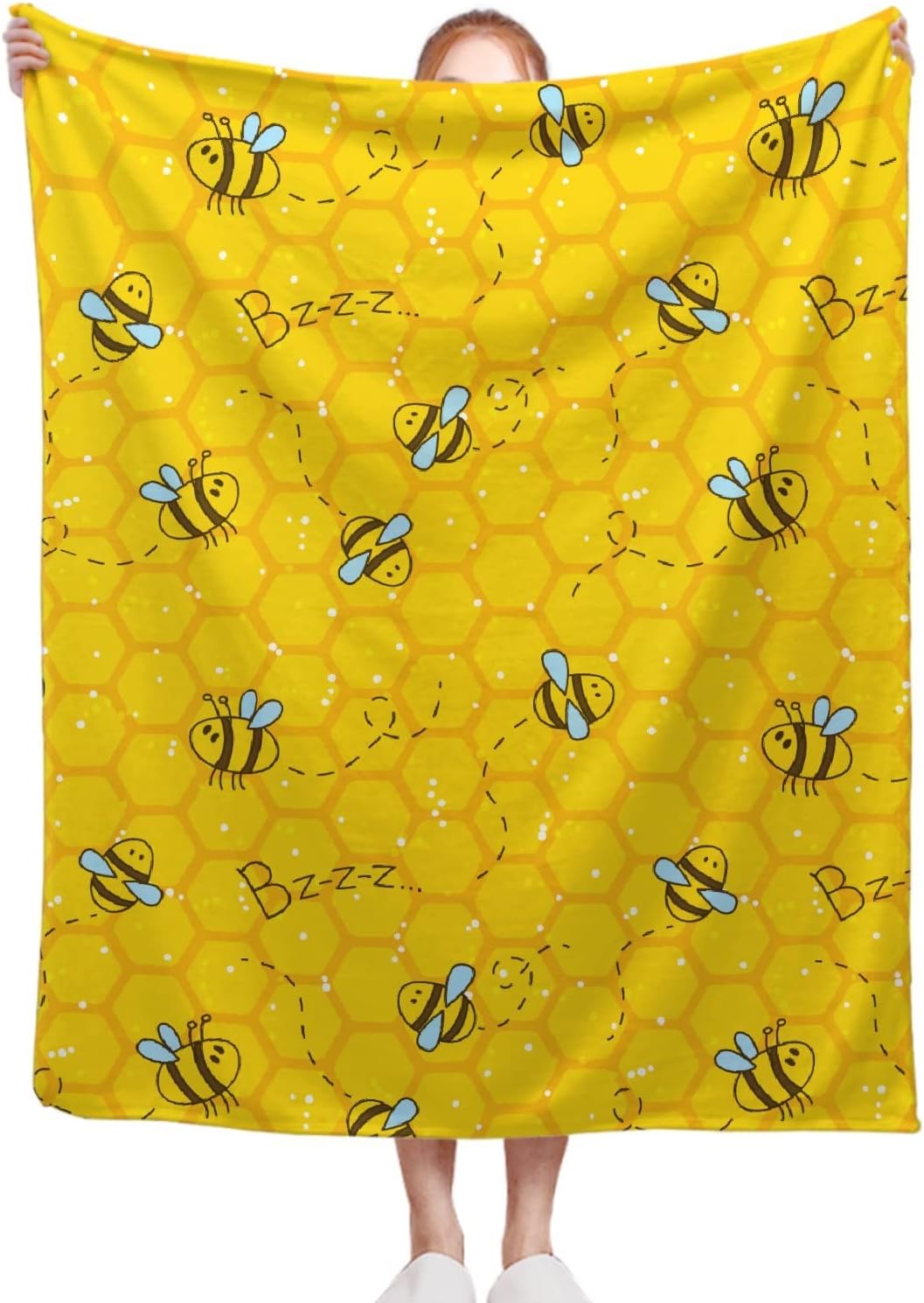 Honeycomb Cute Bee Yellow Blanket Flannel Throw Lightweight Super Soft Cozy Luxury Family Bed Blanket Birthday Gift Microfiber 50"x40"for Kids