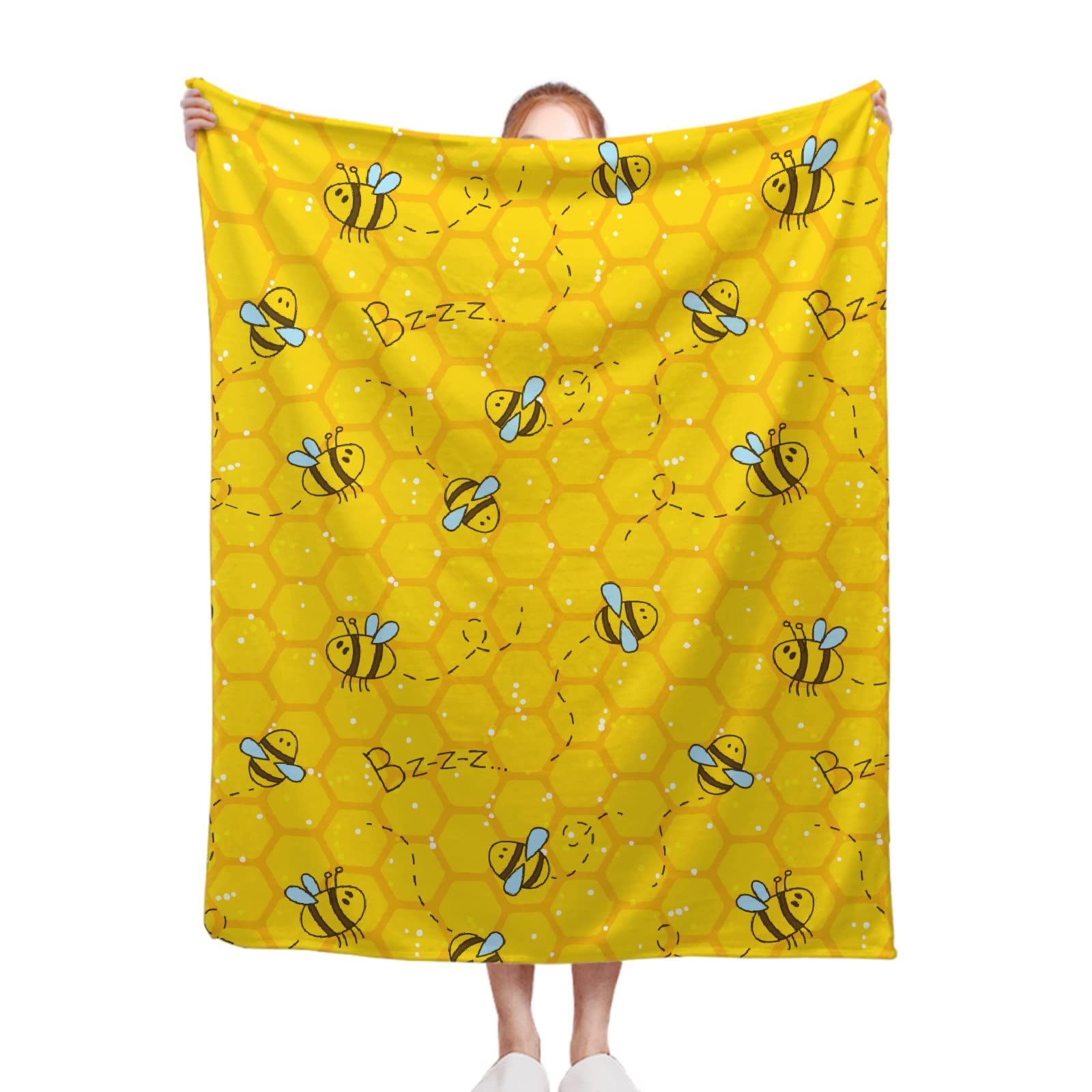 Honeycomb Cute Bee Yellow Blanket Flannel Throw Lightweight Super Soft Cozy Luxury Family Bed Blanket Birthday Gift Microfiber 50"x40"for Kids