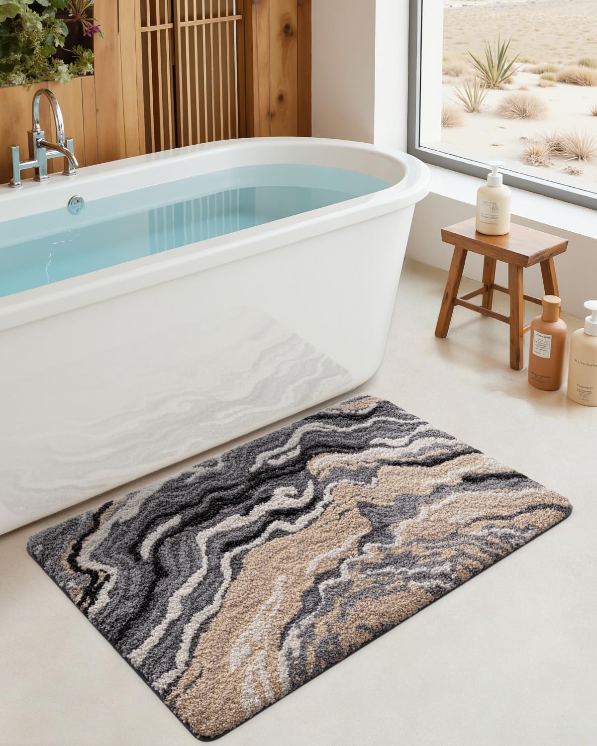 dexi bathroom rug mat 24x36, soft and absorbent marble bath mat, non slip machine washable bath rugs for shower floor, tub, sink, grey and beige