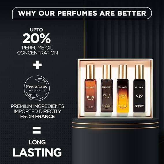 Bella Vita Organic Man Luxury Perfume Gift Set 4x20 ML for Men with Dominus, Oud, CEO, Impact Perfume|Woody, Citrusy Long Lasting EDP & EDC Fragrance Scent |80 ML