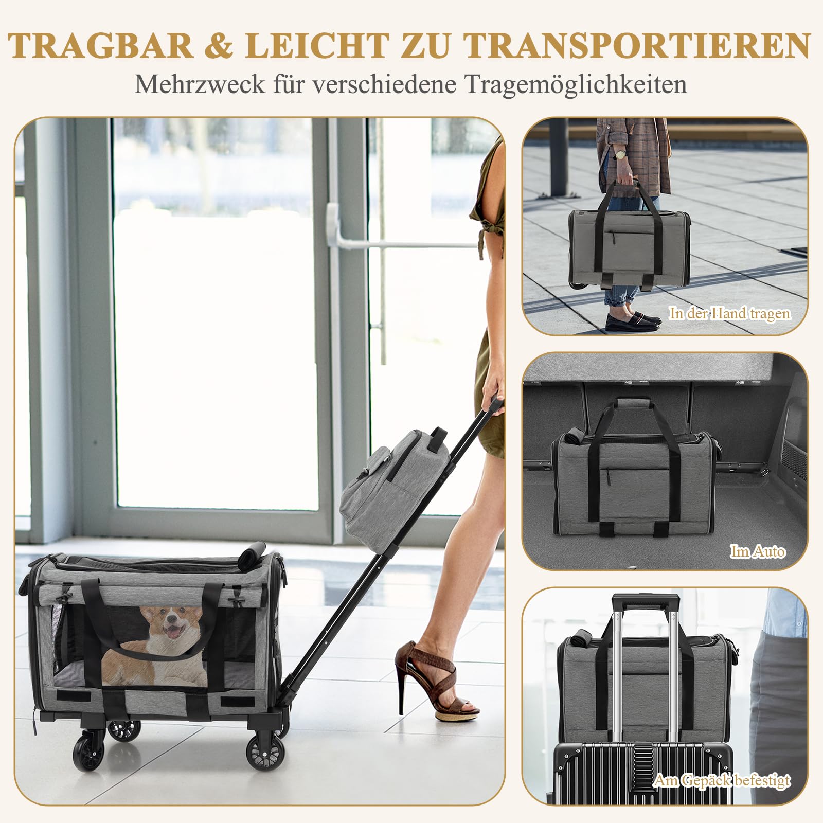 GYMAX Transportín Portatil Mochila para Gatos, Carrito para Mascotas con Asa Telescópica, Bolsa de Transporte, Bolsa de Transporte de Viaje para Mascotas Pequeñas y Medianas, Gris