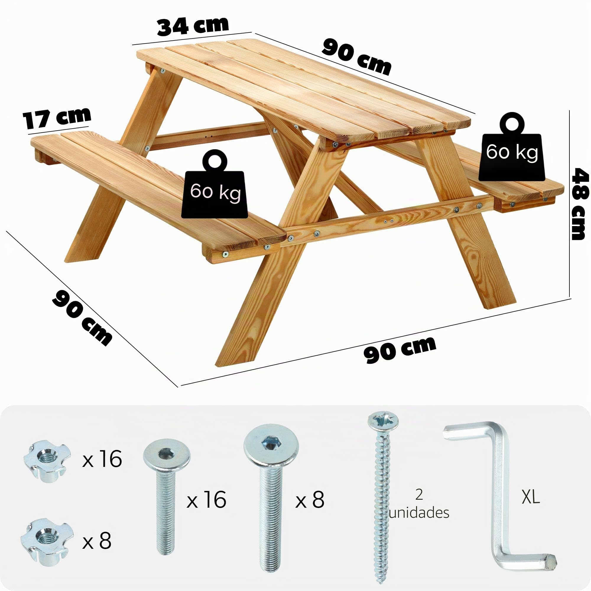 KADAX Mesa de picnic infantil con bancos y sillas de madera, muebles para pícnic, juego de picnic para jardín, conjunto de asientos infantiles (natural)