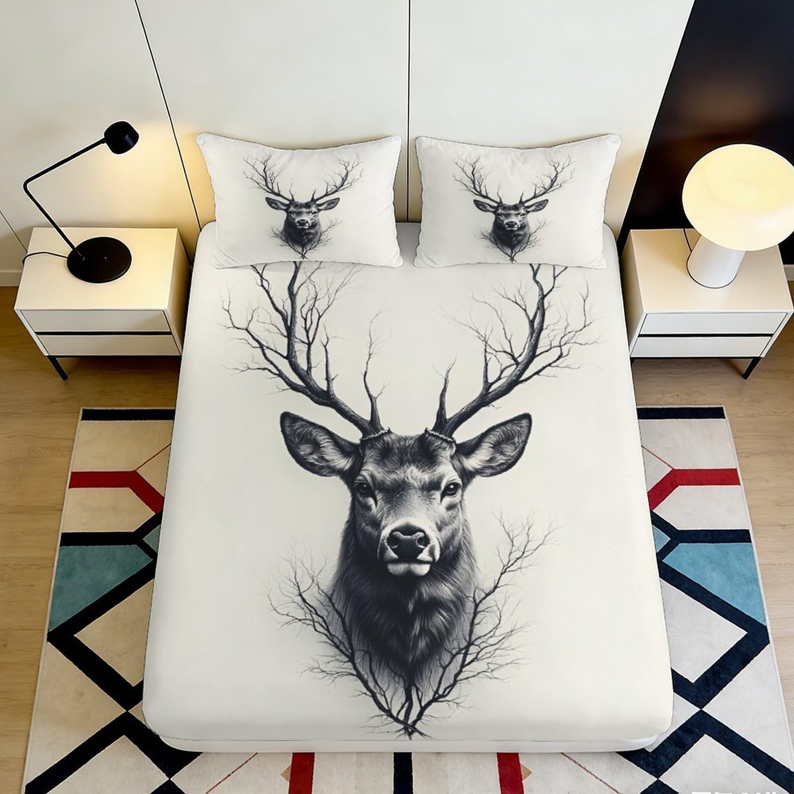 3D Printed Deer Antlers Fitted Sheet Microfiber Soft Breathable Forest Animal Mattress Cover for Bedroom Dorm Mattress Protection Decor 200x200x25cm