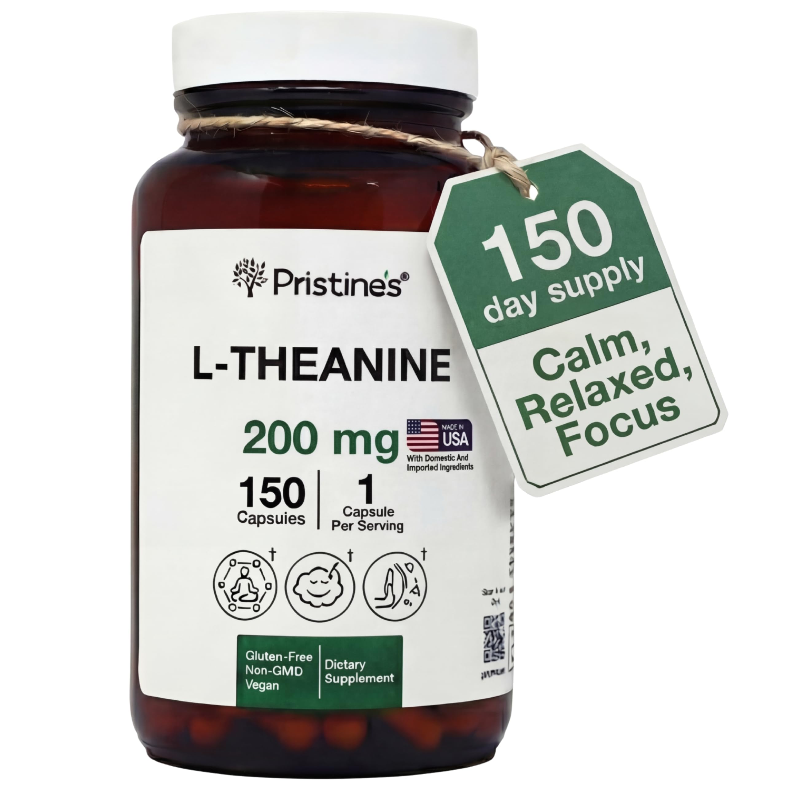 PRISTINE'S L Theanine Sleep Quality Support Amino Acid Supplement - 200MG 150 Day Supply - Relaxation & Mood Support Capsules - Vegan Non-GMO & Gluten Free