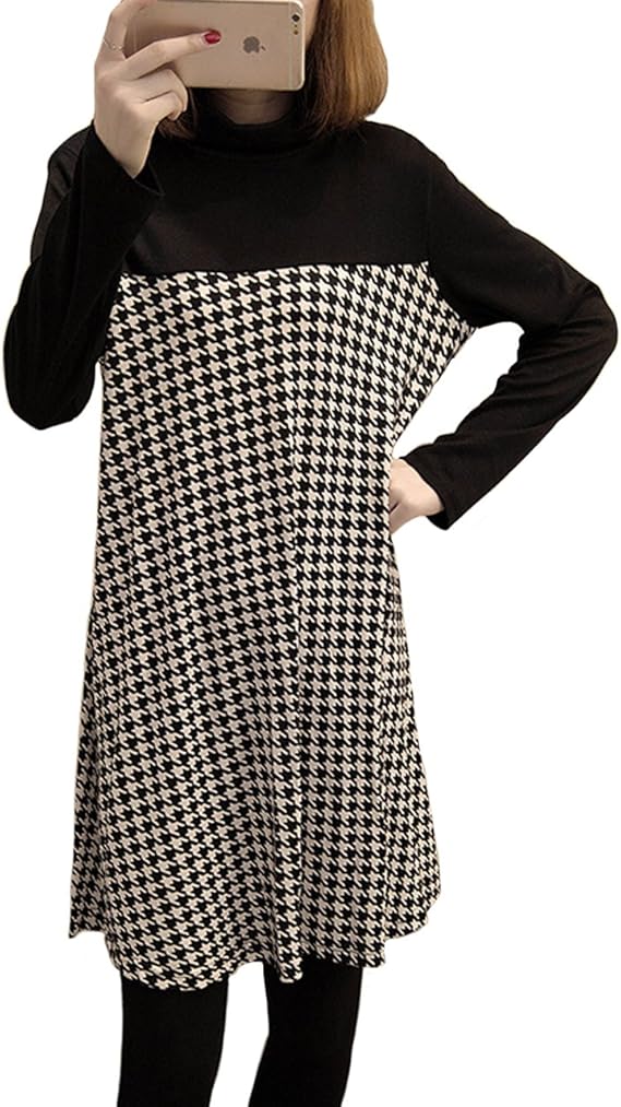 Amazon Co Jp 大きいサイズ レディース 千鳥柄ワンピース 切替ワンピ オフタートル 白黒 ブラック 6l 服 ファッション小物