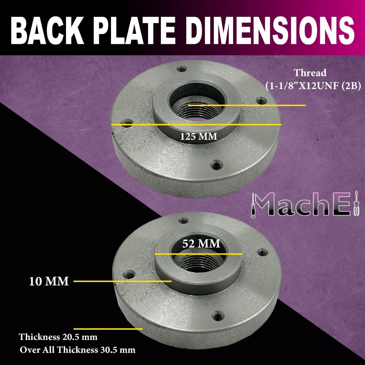MachEl 5" (125 mm) 4-szczękowy niezależny uchwyt tokarski z żeliwną płytą tylną, gwint 1-1/20.3 cm x 12 UNF (2B), nadaje się do tokarki Myford, hartowane, odwracalne szczęki | precyzyjne narzędzie