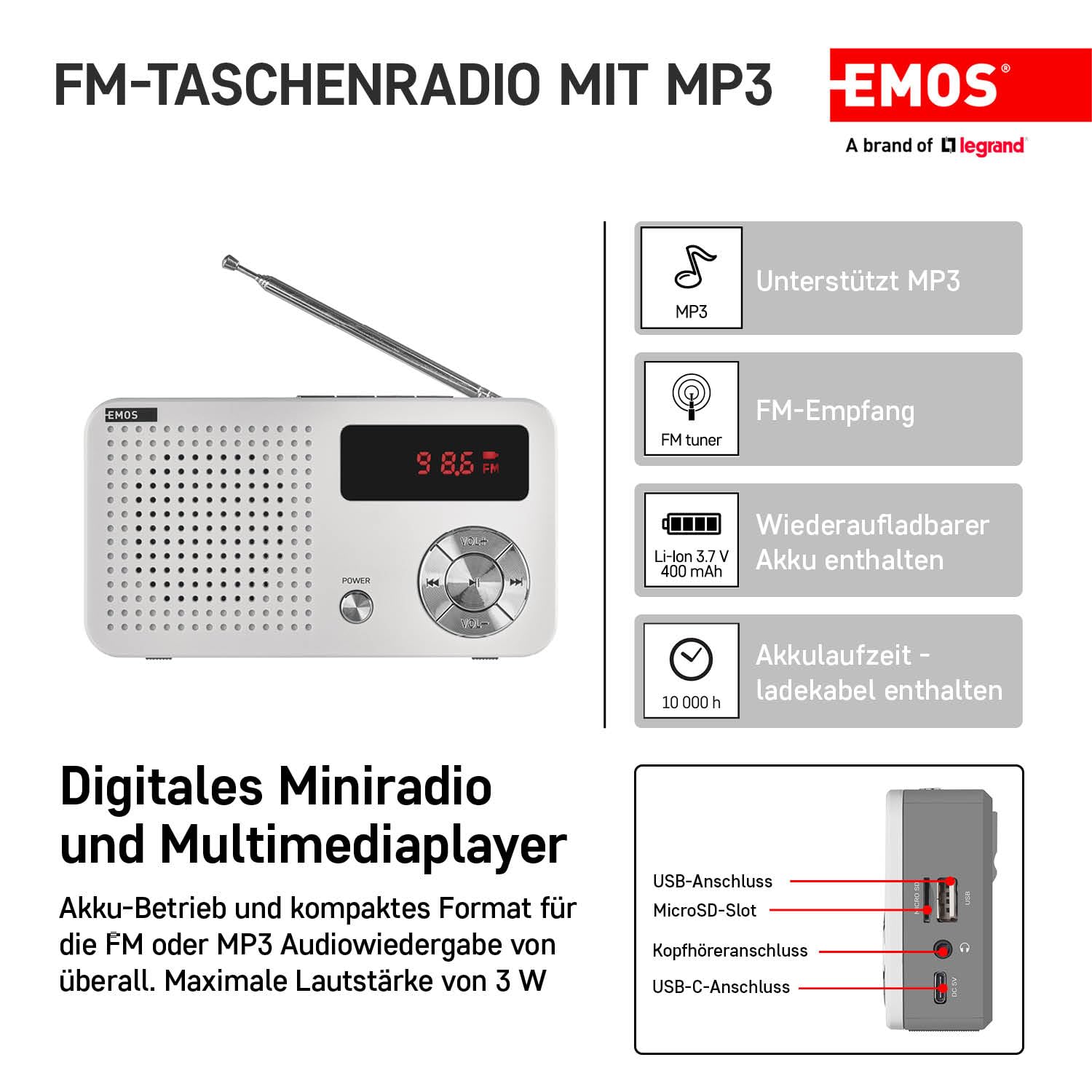 EMOS - tragbares digitales FM-Radio und MP3-Player mit Akku + USB-C Kabel - teleskopische Antenne, FM 88–108 MHz - USB-Port, Micro-SD-Karten-Slot, Kopfhörer-Anschluss - weiß/grau, Batteriebetrieben