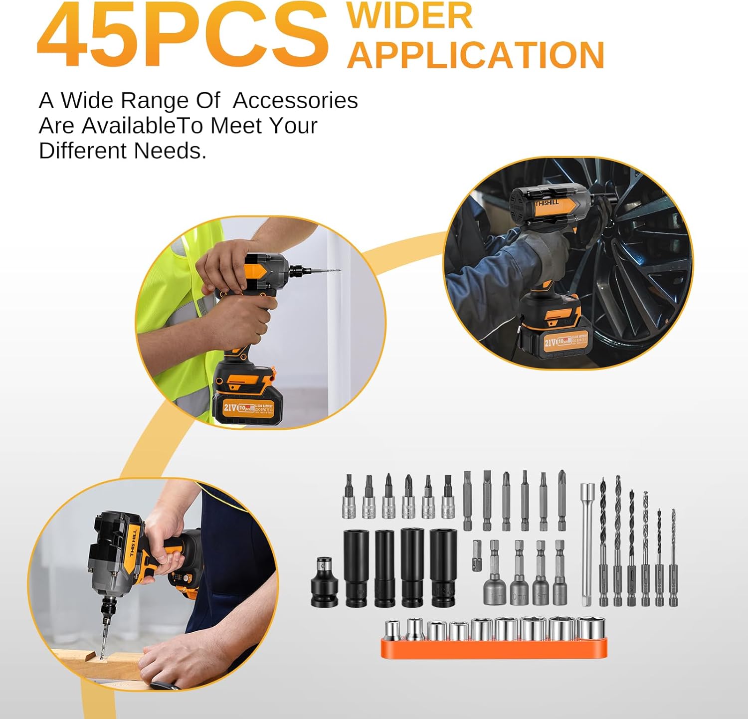 This Hill 45PCS Brushless Impact Wrench,600Nm(443Ft-lbs),w/Two 4.0Ah Battery,1/2 Inch Cordless lmpact Driver Set,17 Sockets,High Torque Power Impact Gun for Car Home