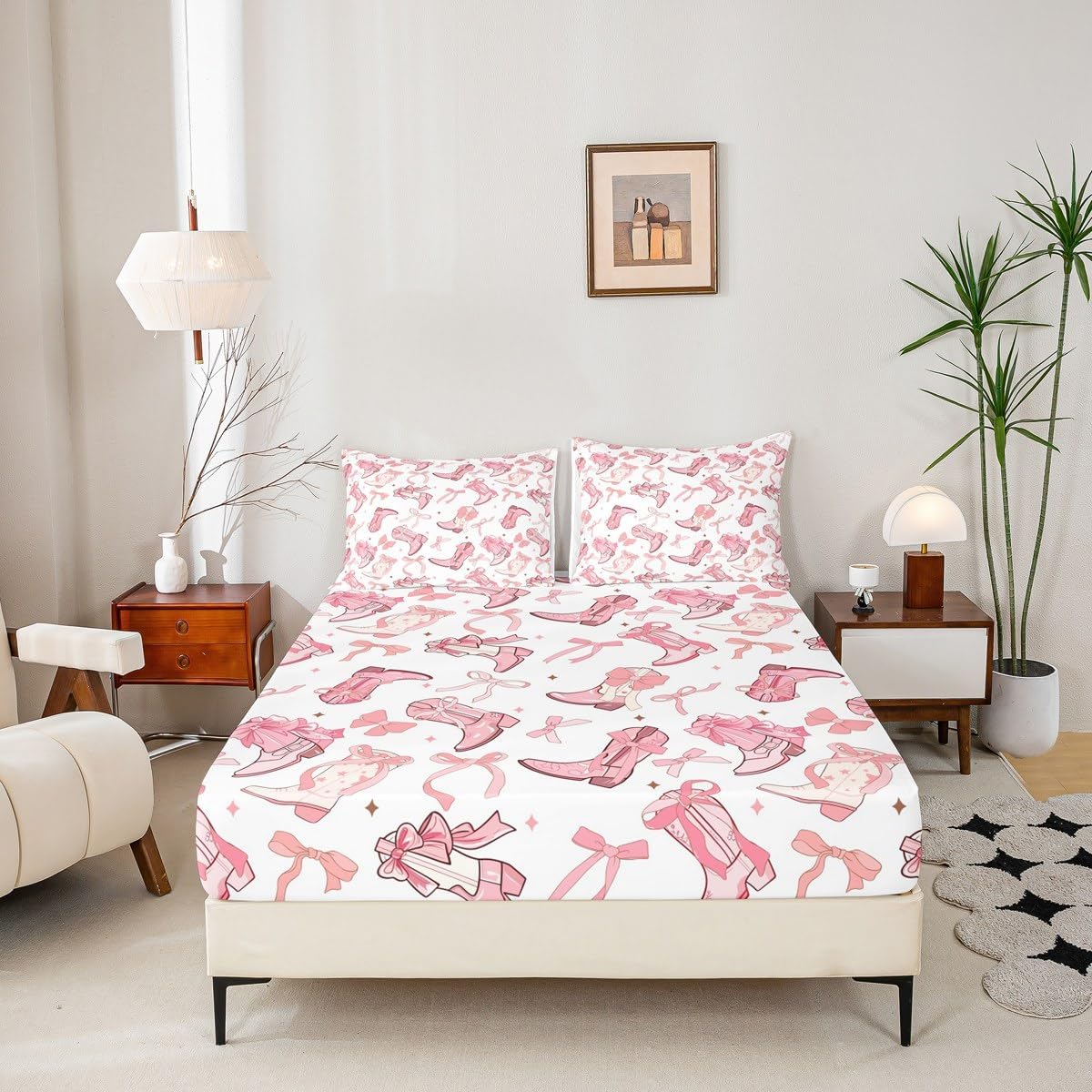 Manfei Cowgirl Bedding Set Full Size,Western Cowboy Boots Pink Bowknots Fitted Sheet(No Flat Sheet),Dreamy Fairy Tale Princess Starry Pink White Sheet Set for Kids Girls,2 Pillowcases