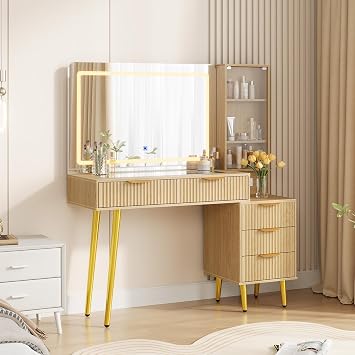 48" Fluted Vanity Desk with Mirror and Lights, Modern Make Up Vanity with Drawers, Glass Top, Power Outlet, Makeup Table for Bedroom