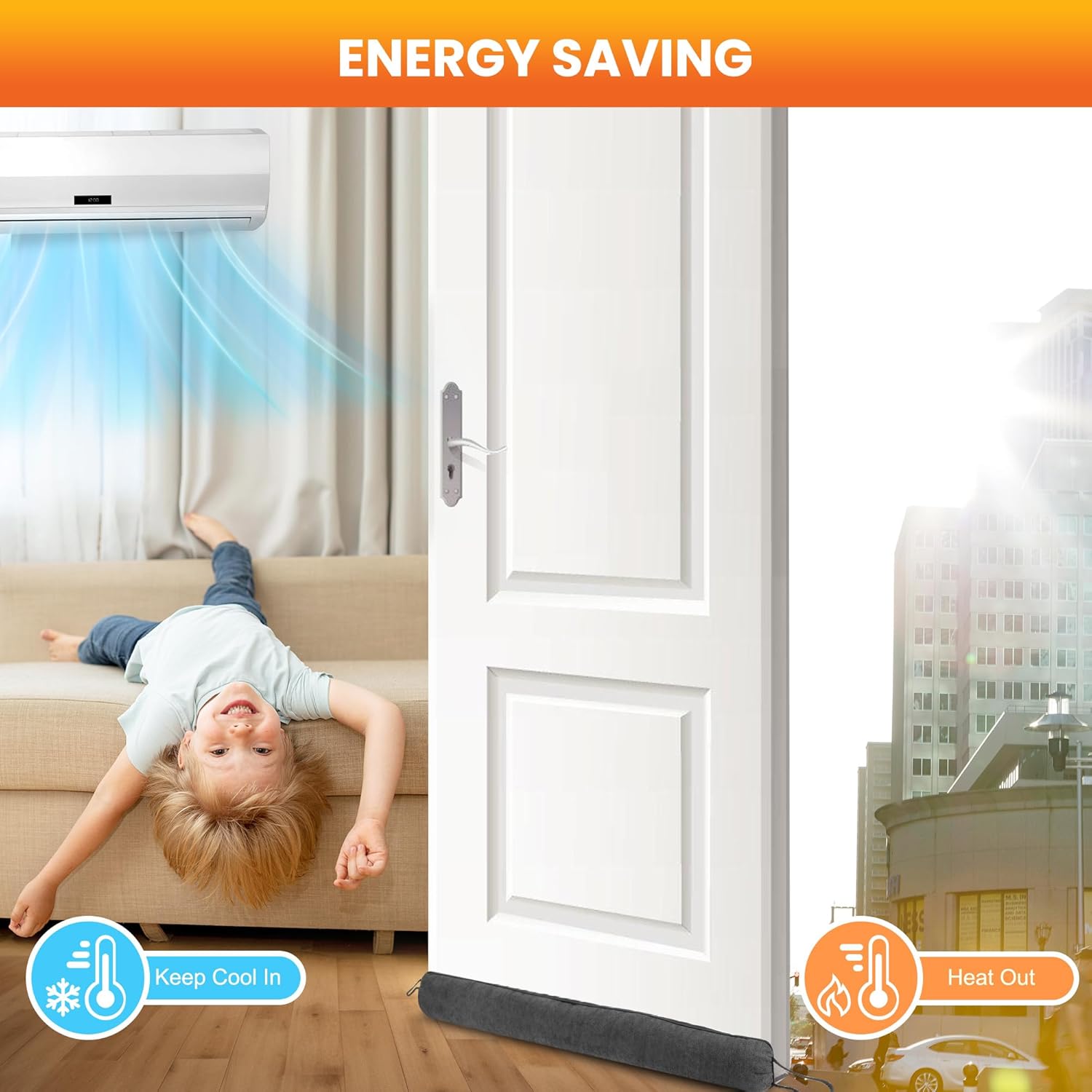 ドア下ドラフトストッパー、36インチ加重ドアドラフトストッパー、フックループ付きドア下部に取り付けと保管が簡単、最大4.3インチのド