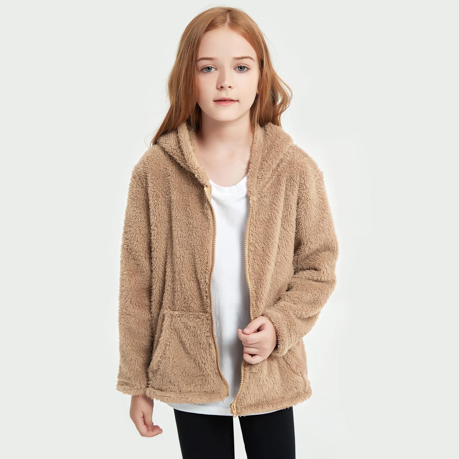 QPANCY Girls Fuzzy Sherpa Coat Full Zip Hoodie Fleece Jacket with Pockets Fall Winter Outwear - Image 3
