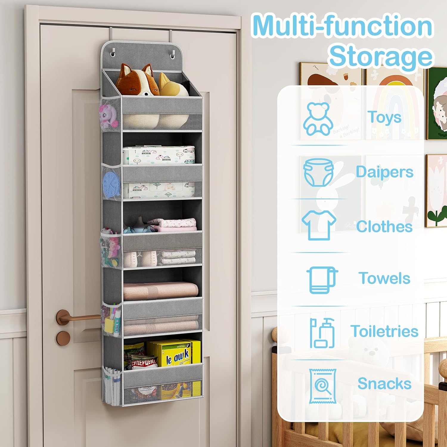 LAMU 5-Tier Over The Door Organizer Hanging, Swing - Proof Closet Behind Door Storage for Baby Clothes, Back of Door Organizers for Bedroom, Nursery and Bathroom, Grey, 2 Pack