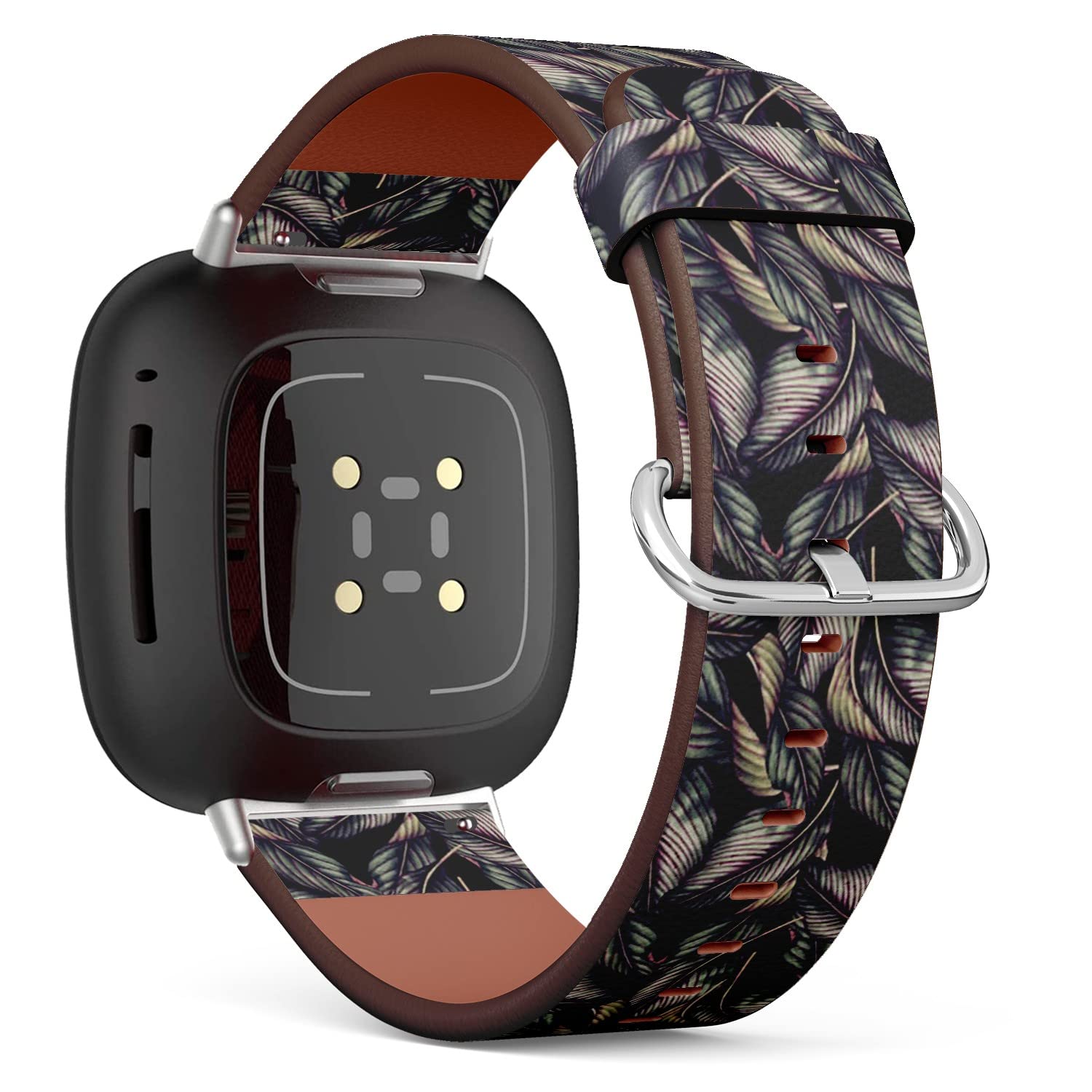 CJBROES Replacement Leather Watch Band, Compatible with Fitbit Versa 3 and Fitbit Sense of Wristband Bracelet Accessory - Floral-Tropical-Leaves