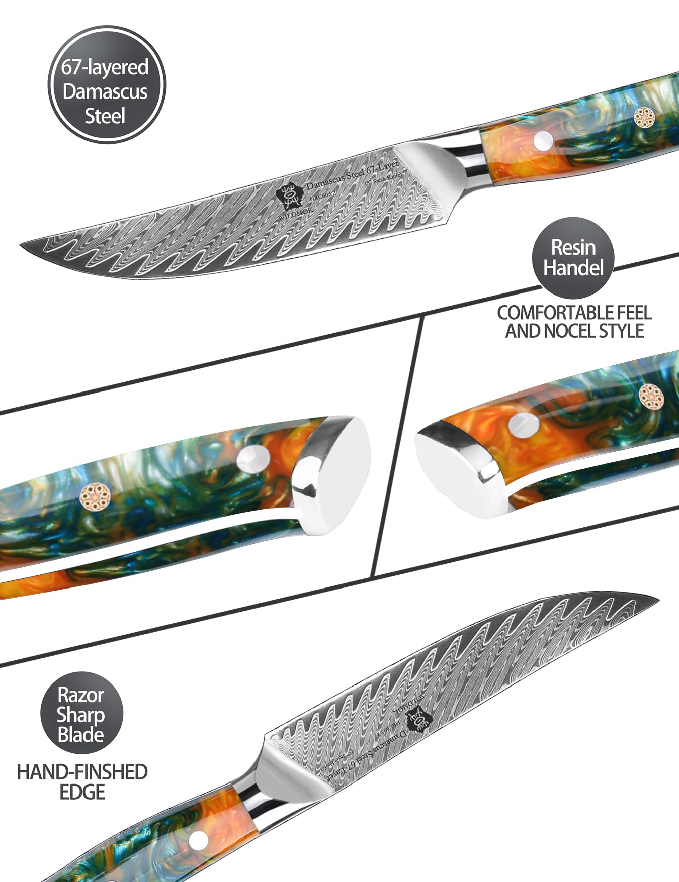 WILDMOK Cuchillos para carne, juego de 4 cuchillos para carne no dentados de 5 pulgadas, cuchillos para carne japoneses Damasco VG10, juego de cuchillos para carne premium con caja de regalo