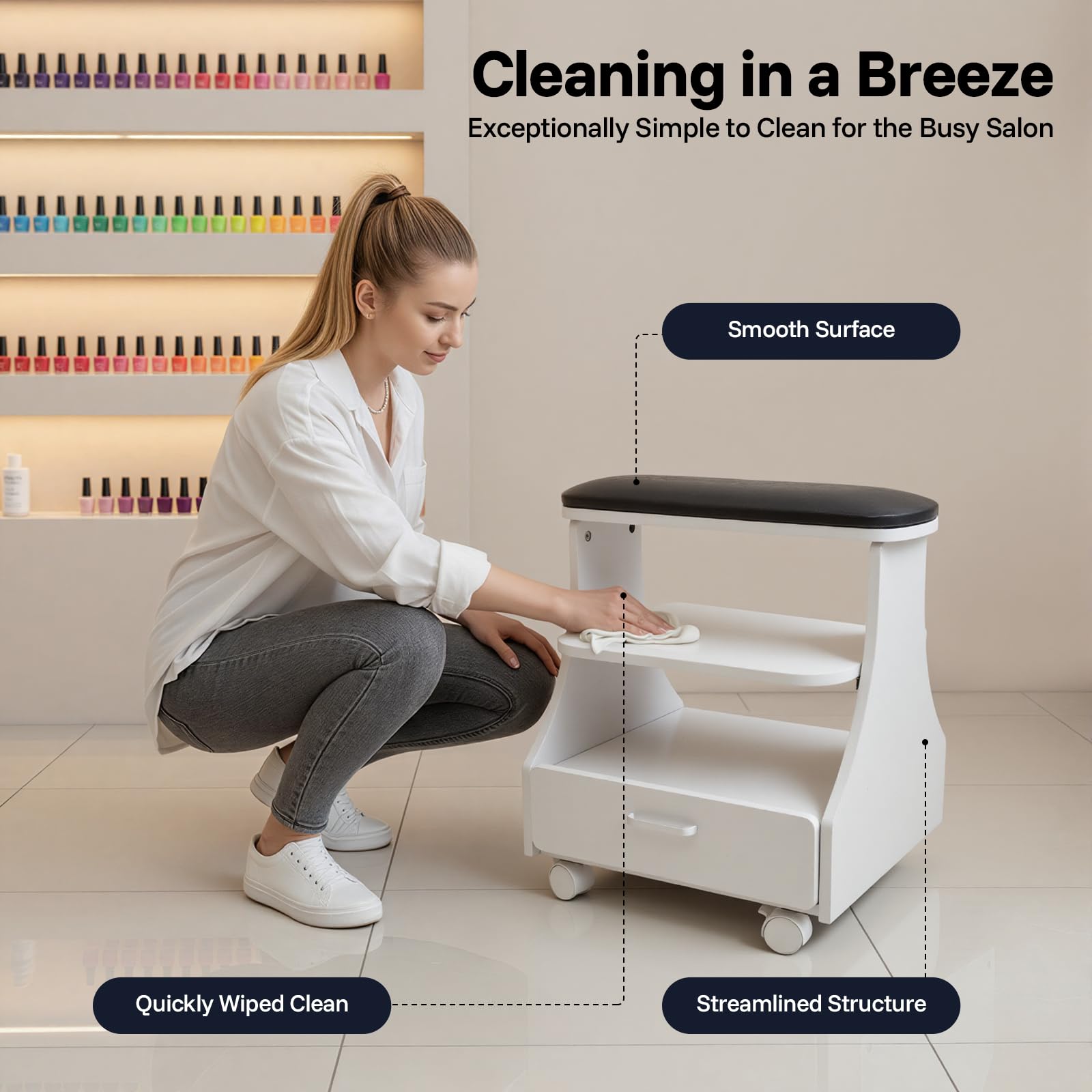 Chariot de manucure 3 niveaux portable avec tiroirs et 4 roulettes universelles, bain de pieds capacité 50 kg
