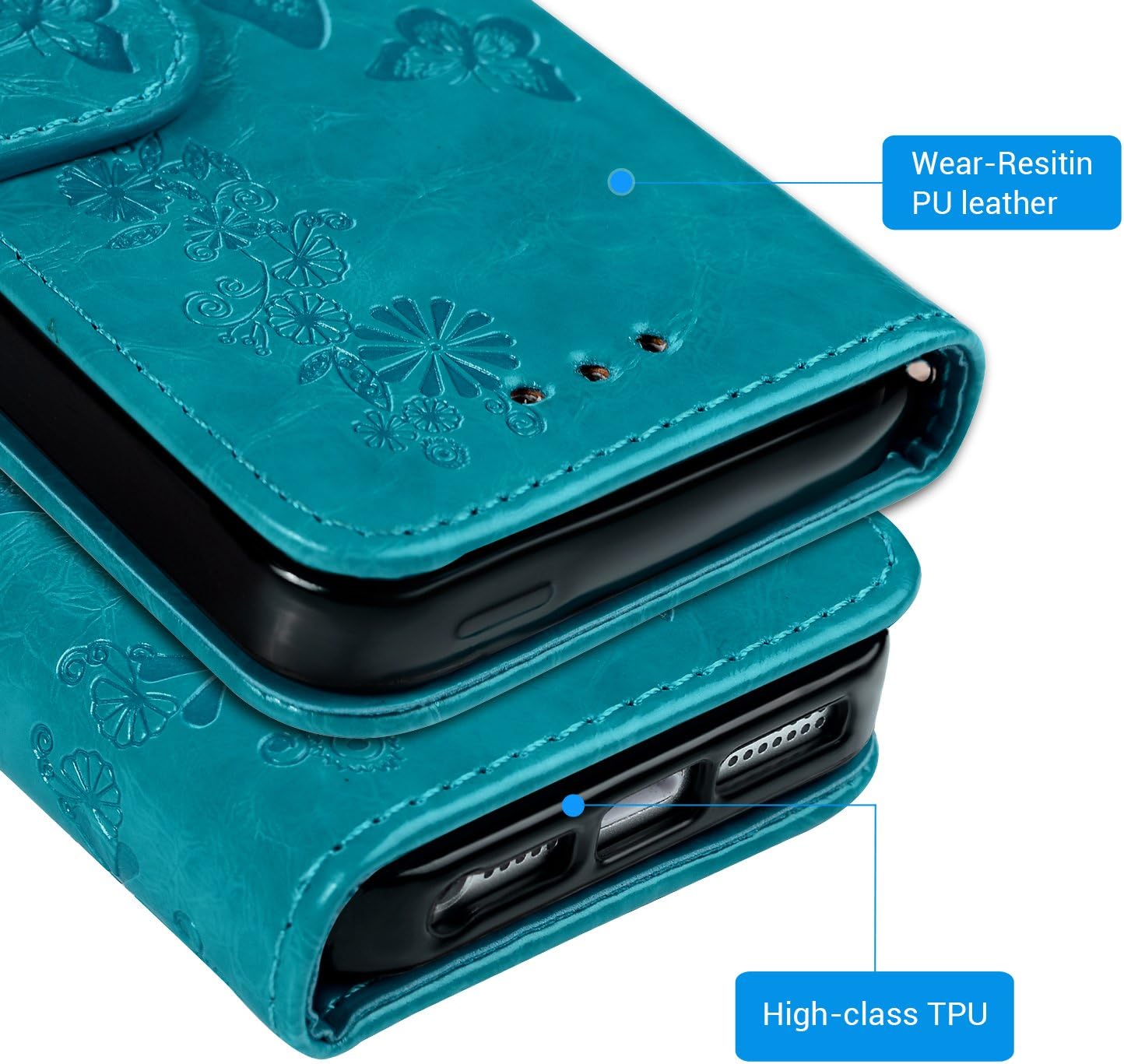 Compatible with iPhone X Card Holder Case, iPhone Xs Wallet Case PU Leather Cover TPU Shockproof Shell with Credit Card Slot Durable Protective Skin for iPhone X & iPhone Xs (Embossed Butterfly-Blue)