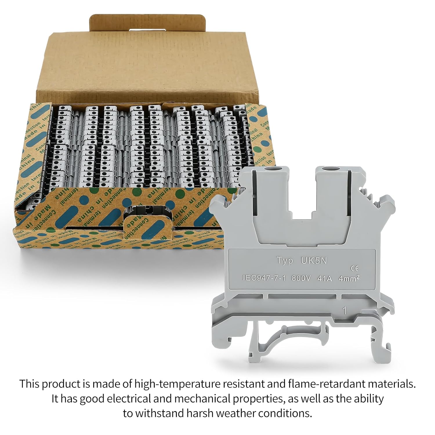 100pcs UK-5N Din Rail Terminal Blocks Wire Ground Application for 800V 24-10AWG 4mm Electrical Distribution Box Connector Screw Solar Power System Project PLC Industrial Control Automation DIY CNC RV