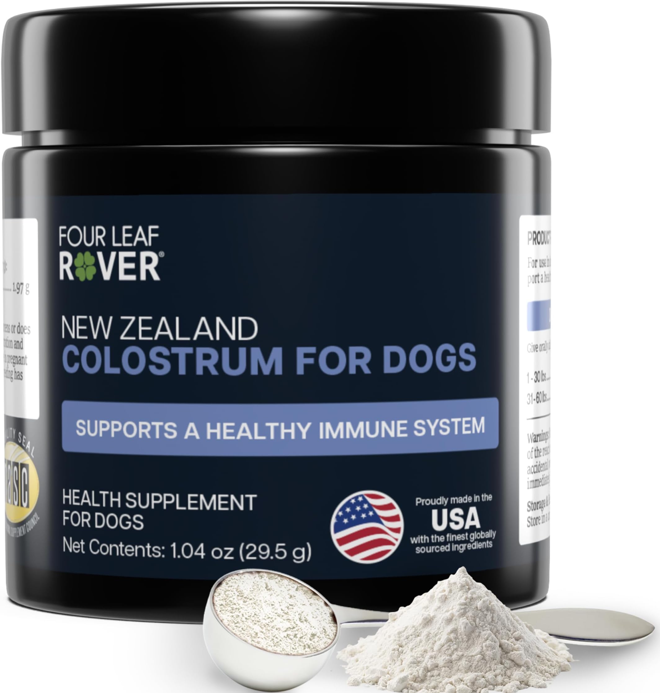 FOUR LEAF ROVER Colostrum for Dogs - Bovine Colostrum from 100% Grass-Fed New Zealand Cows - Skin, Gut & Immune Support - 60 Day Large Dog Supply