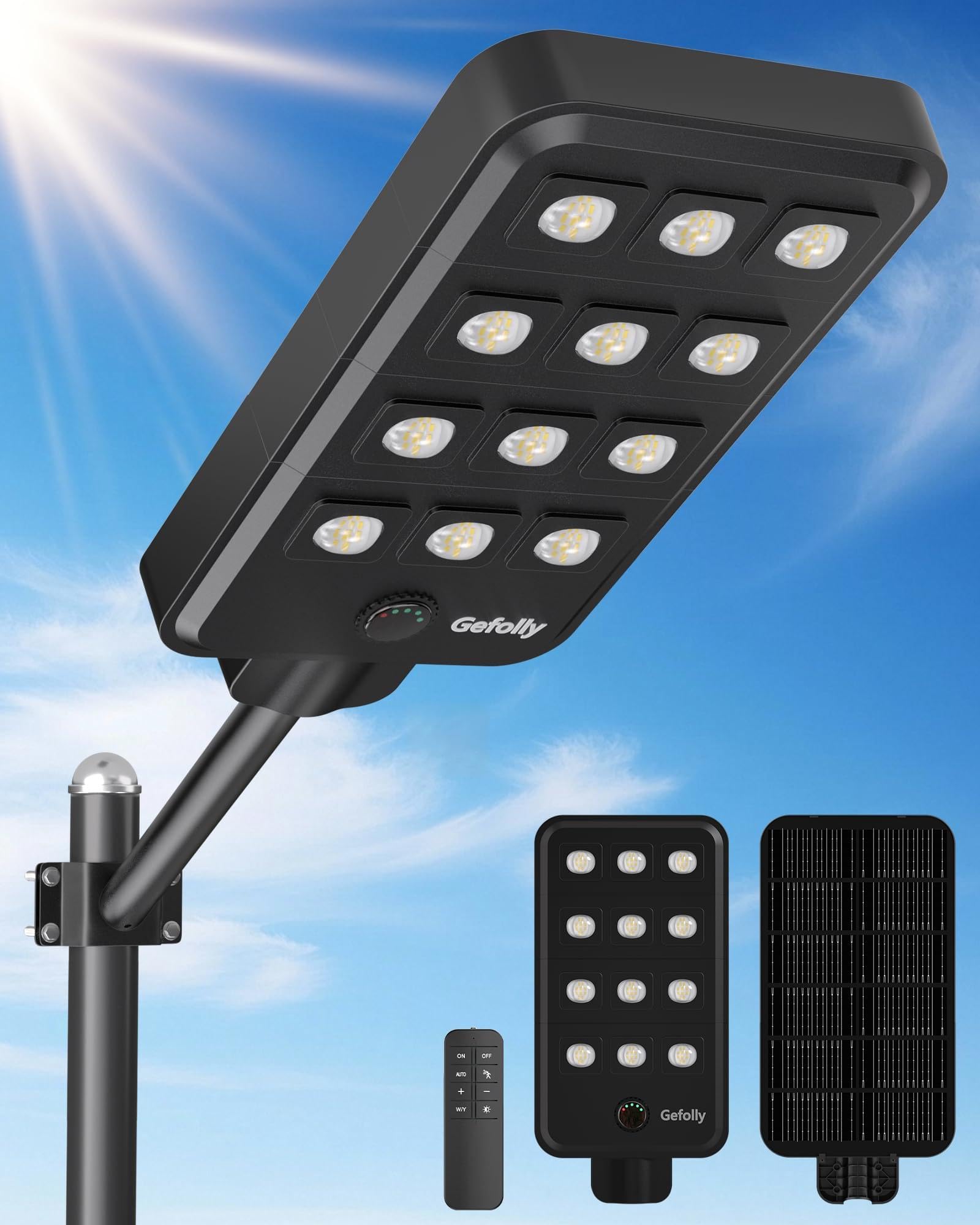 Gefolly G-13000W Solar Straßenlaterne für Außen, Solarlampen 6500K IP67 mit Bewegungssensor, Solarleuchten Superhelles LED Solar Strahler Außen für Garten, Hof, Garage, Haustüren