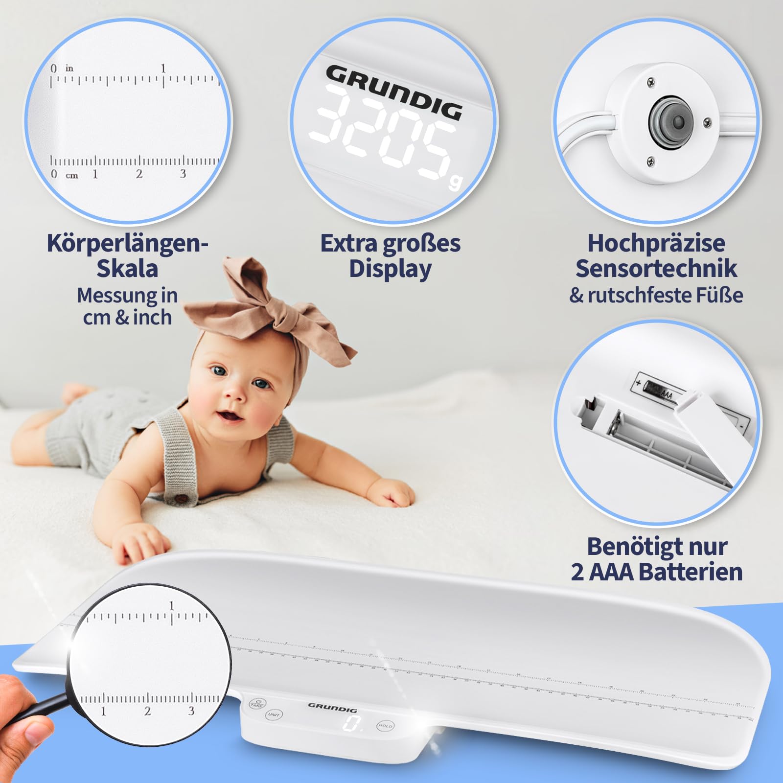 GRUNDIG Babywaage mit Körperlängen Messung - hochpräzise Baby Waage mit Hold Automatik für genaue Ergebnisse bei Strampelmäusen - Digital Scale mit Tara Funktion - bis 40kg belastbar (inkl. Batterien)