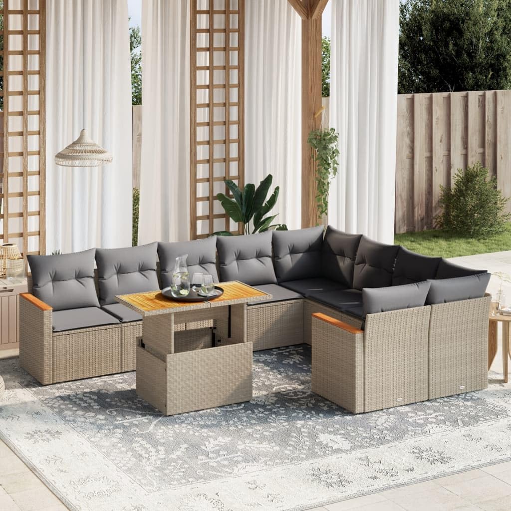 Set Divano da Giardino 10 pz con Cuscini Beige in Polyrattan,Set di Conversazione per Patio,Set Salotto da Esterno,Set Divano da Giardino Esterno-3273236