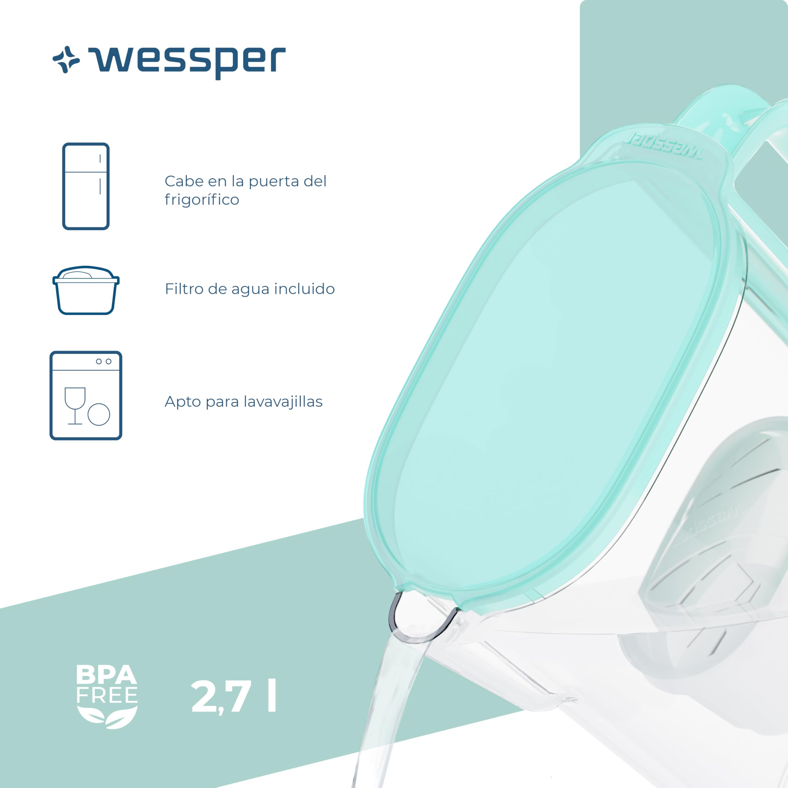 Wessper Jarra Filtradora Agua con Filtros, Jarra para Puerta de Frigorífico de 2,7 Litros, Filtro con Carbón Activo y Resina de Intercambio Iónico, Jarra y Juego de 6 Cartucho - Menta
