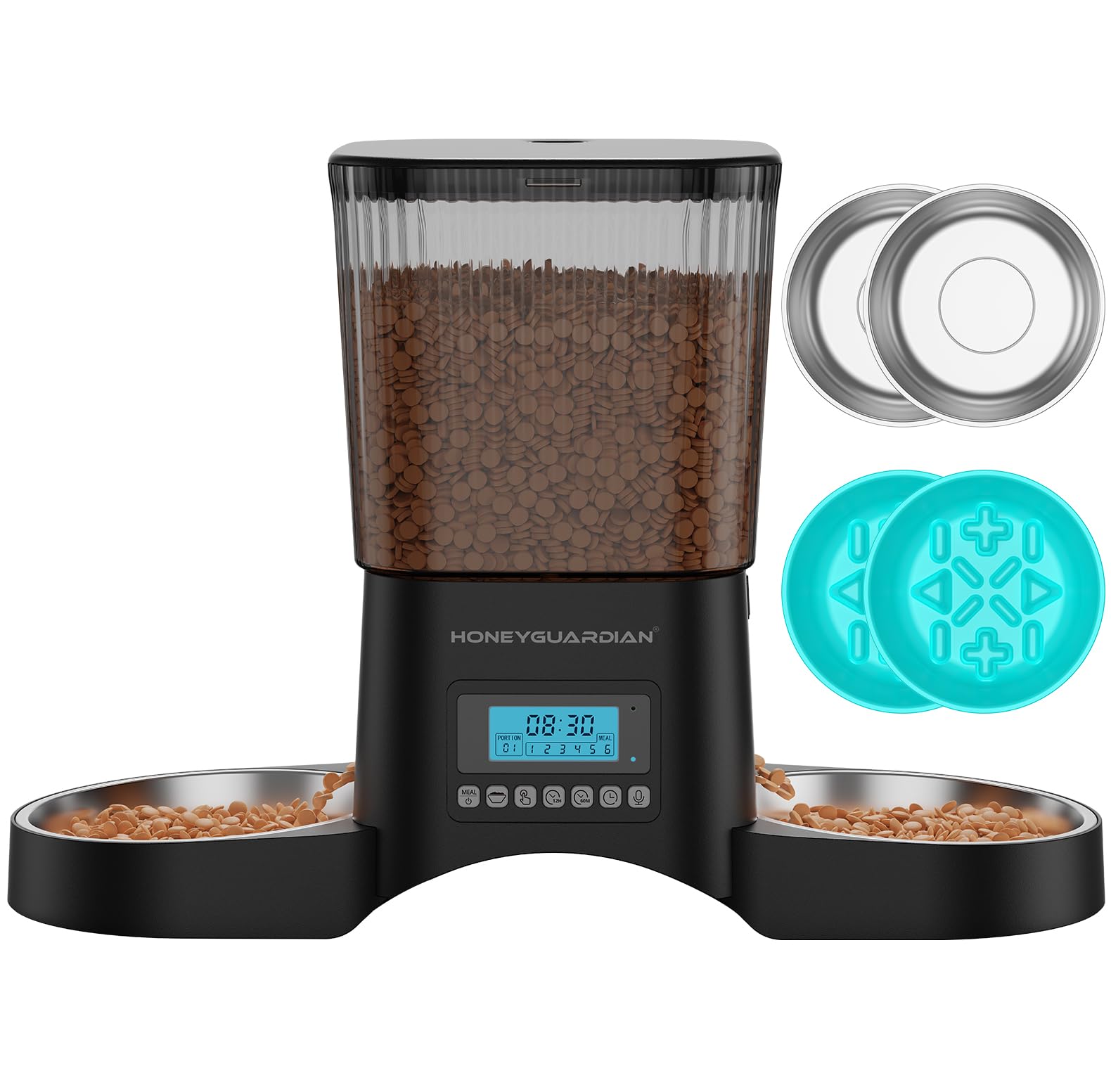HoneyGuaridan Distributore Automatico Cibo Gatti, 3.5L Dispenser Crocchette Gatto con 4 ciotole, Programmable Porzione(6 Pasti/Giorno), Avviso vocale per i pasti, piedini antiscivolo