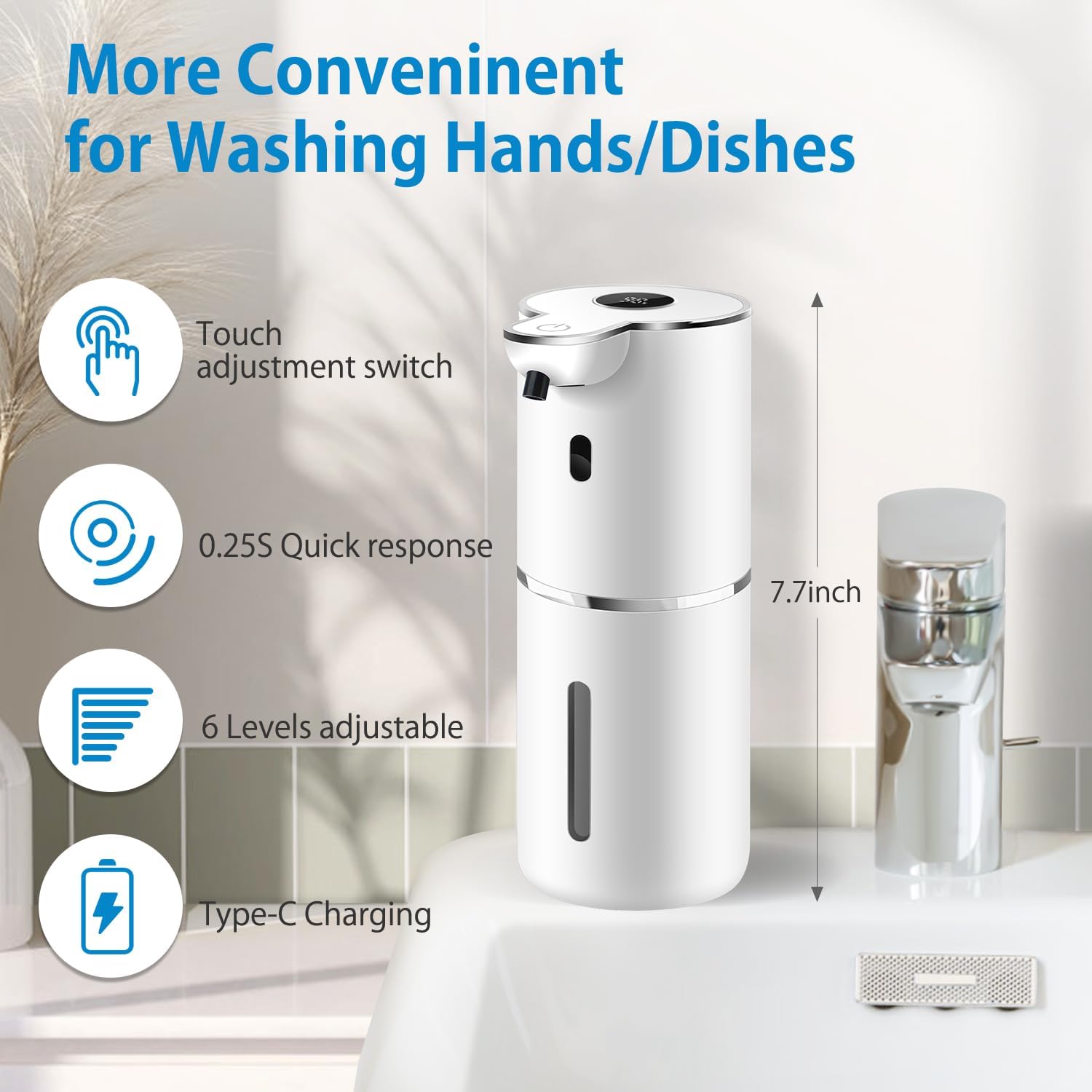 Automatic Liquid Soap Dispenser 12.8oz, Rechargeable & 6 Levels Soap Adjustable with Digital Display, Wall Mount, Waterproof, Touchless Hand/Dish Soap Dispenser for Kitchen, Bathroom, Hotel - Image 2