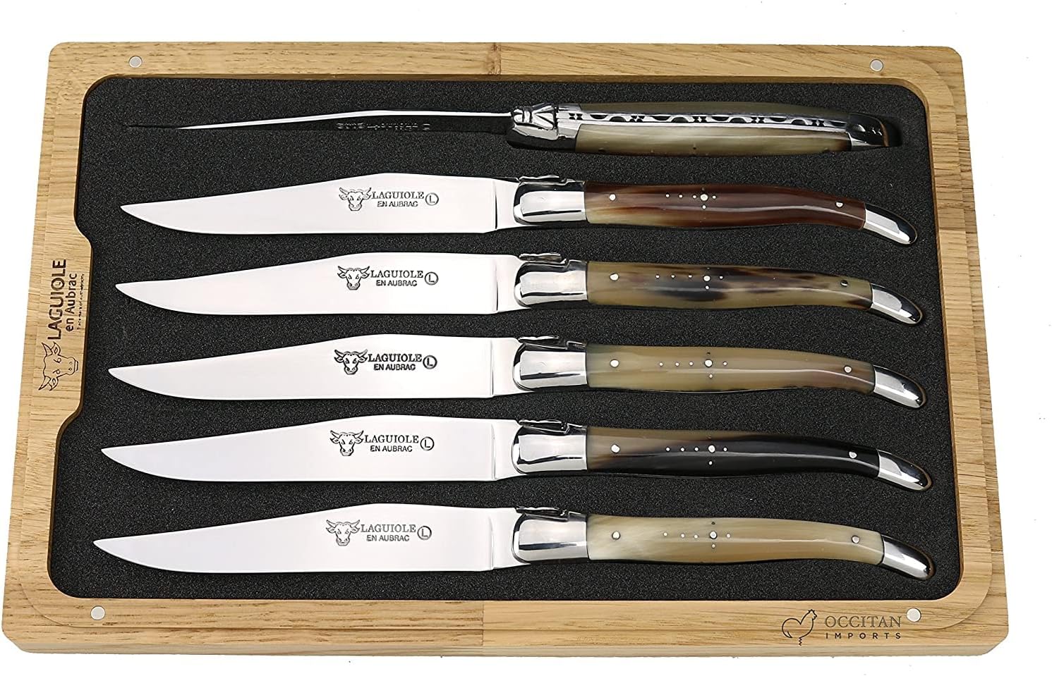 Laguiole en Aubrac Luxury Fully Forged Full Tang Stainless Steel Steak Knives 6-Piece Set with Solid Horn Handles, Stainless Steel Polished Bolsters