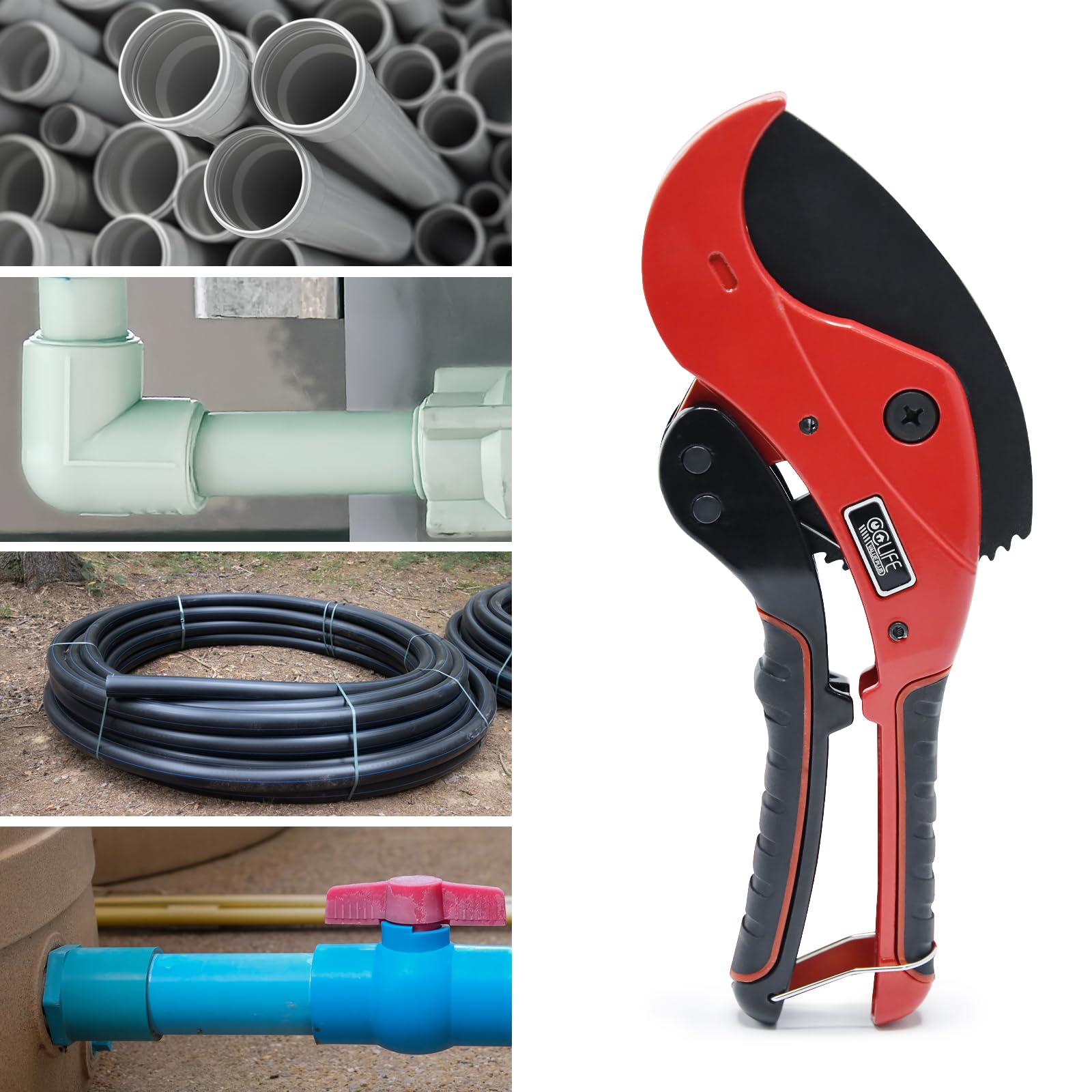 CCLIFE 64mm PVC Rohrschere mit Ratsche, SK-5 Hochkohlenstoffstahl Stahlklinge, Profi Rohrschneider Rohr Schere für PVC/PE/PP/PEX/PPR