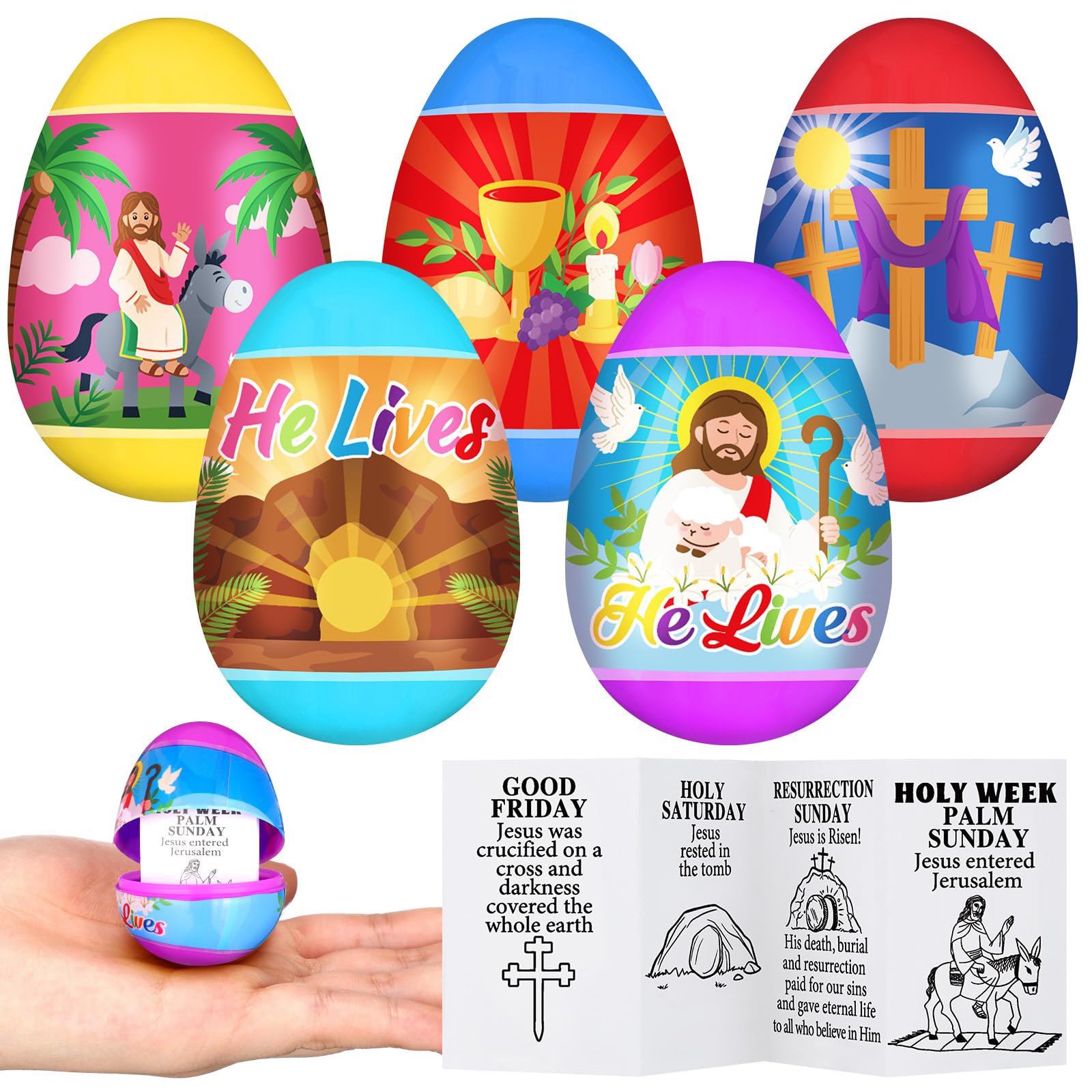 Poen 30 Sets Religious Easter Eggs He Lives Pre Filled Easter Eggs with Holy Week Story Manuals Plastic Easter Eggs Hunt Resurrection Story Religious Easter Supplies