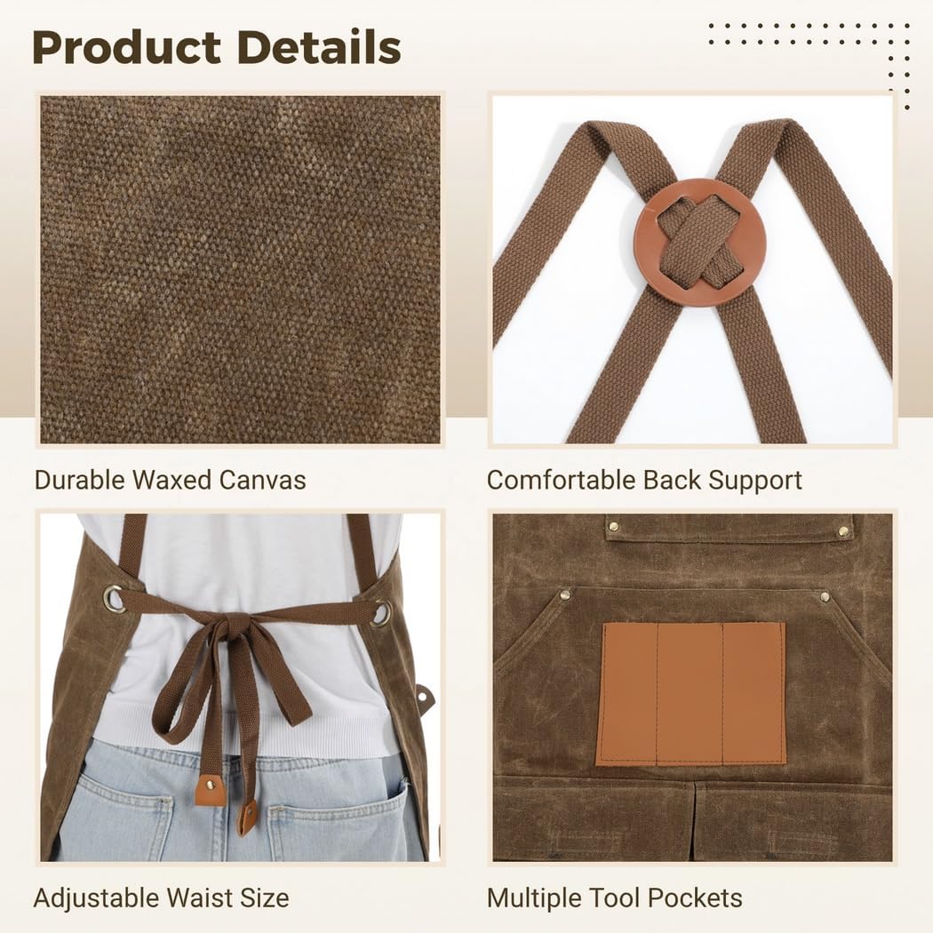 Gifts For Mechanics, Woodworkers, And Carpenters, Heavy Duty Durable Waxed Canvas Work Apron With Multiple Pockets For Tool Storage, Workshop Apron Designed For Men