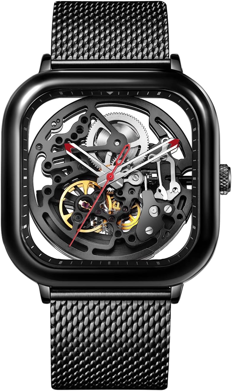 Men's Automatic Watch, C Series Full Hollow Skeleton Mechanical Analog Wristwatch with Milanese and Leather Strap Sapphire Crystal Mirror