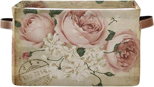 ALAZA Caja de almacenamiento plegable con diseño floral de rosas vintage Shabby Chic con asas para estantería, armario, sala de estar, dormitorio,