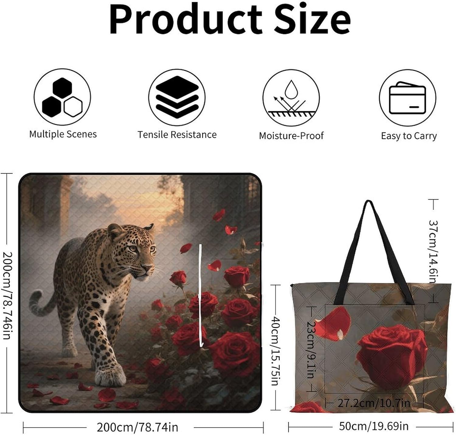 Red Rose Flower and Cheetah Picnic Blanket 200x200cm, Foldable 2-in-1 Picnic Mat and Tote Bag Portable Waterproof Beach Mat Sandproof Outdoor Blanket for Park, Hiking, Beach, Camping, Travel