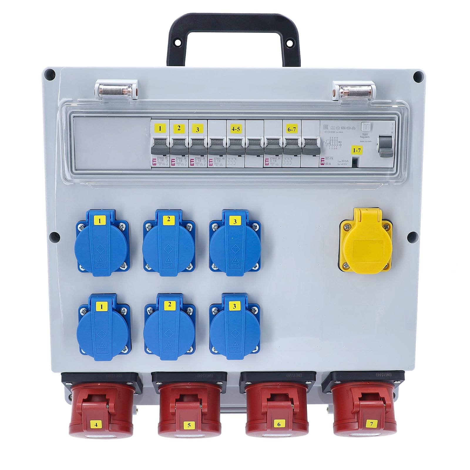 as - Schwabe Rozdzielacz ścienny FIXO 13D MAX DAT+ Rozdzielacz prądu budowlanego 400V/16A IP44 z FI 40A 30mA, 4x CEE 16A, 6x Schuko, 2x RJ45 CAT6