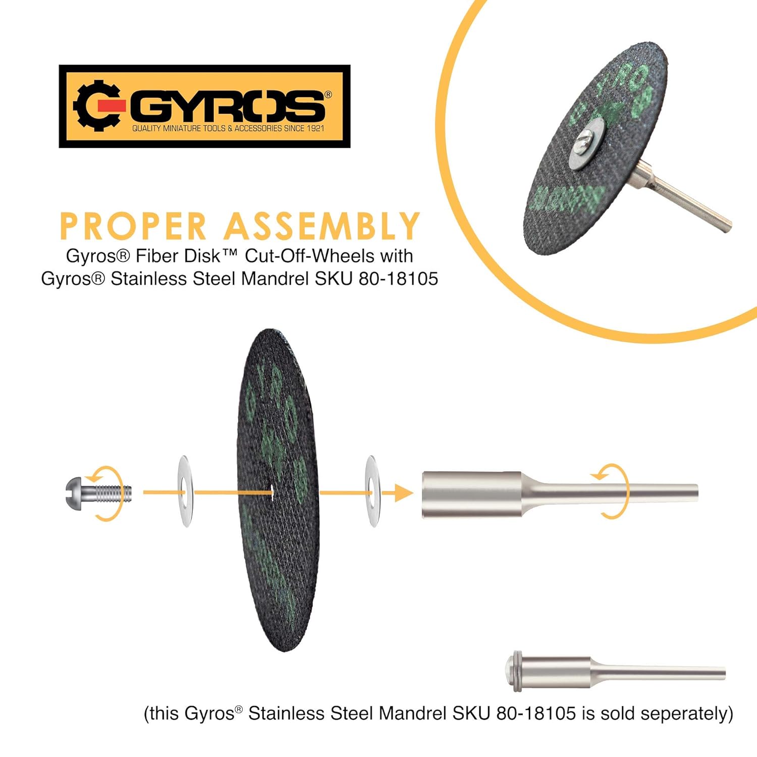 GYROS 2.5” Mini Resin Cut-Off Wheels for Rotary Tools; 2 Double Fiberglass Reinforced Cutting Discs; Super-Tensile Materials Like Titanium, Carbon; Dremel Cutting Tool Accessory; Made in USA 11-42502