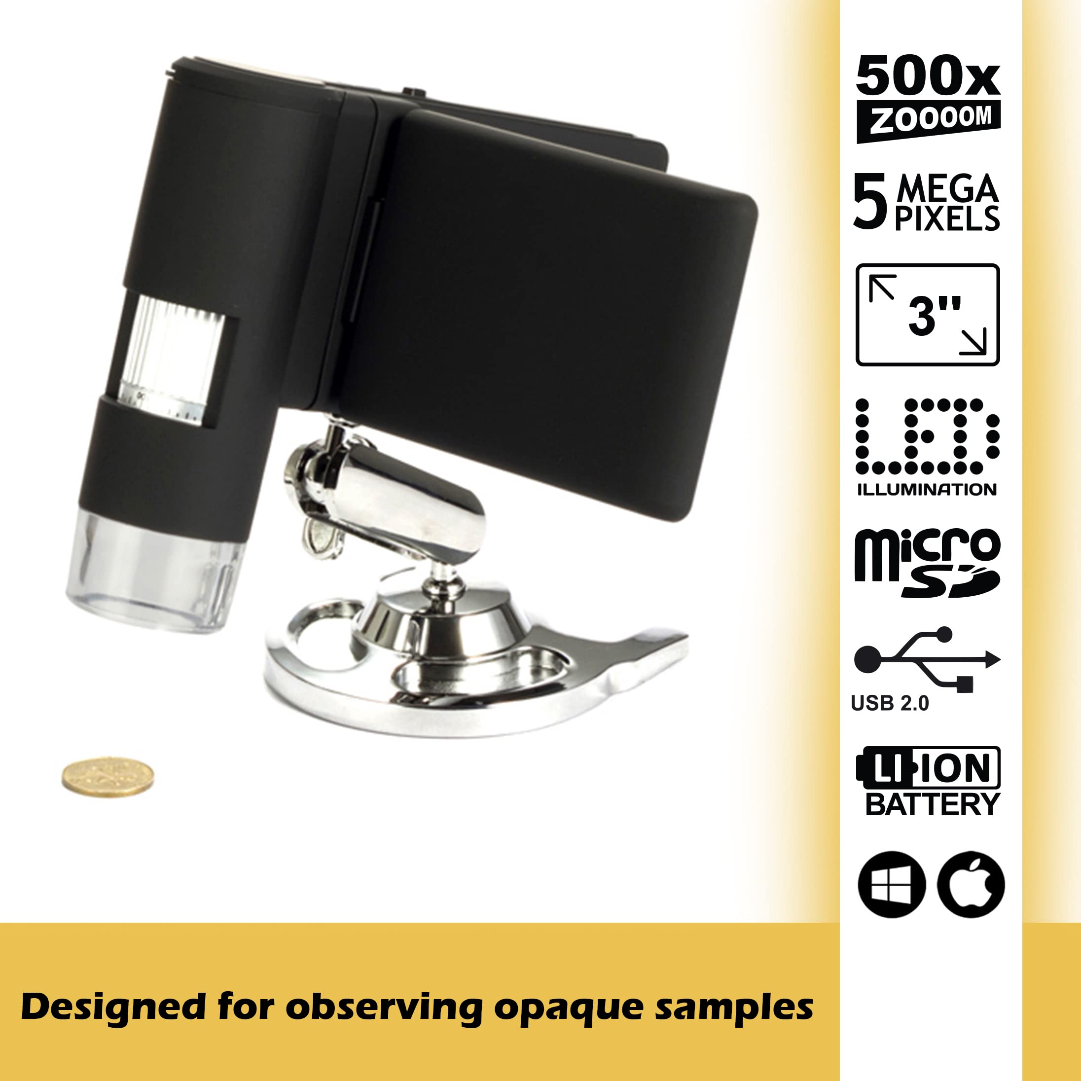 Microscopio Digital Portátil USB Levenhuk DTX 500 Mobi (20–500x) con Pantalla LCD para el Examen de Cualquier Superficie, Tanto en el Hogar como en Exteriores