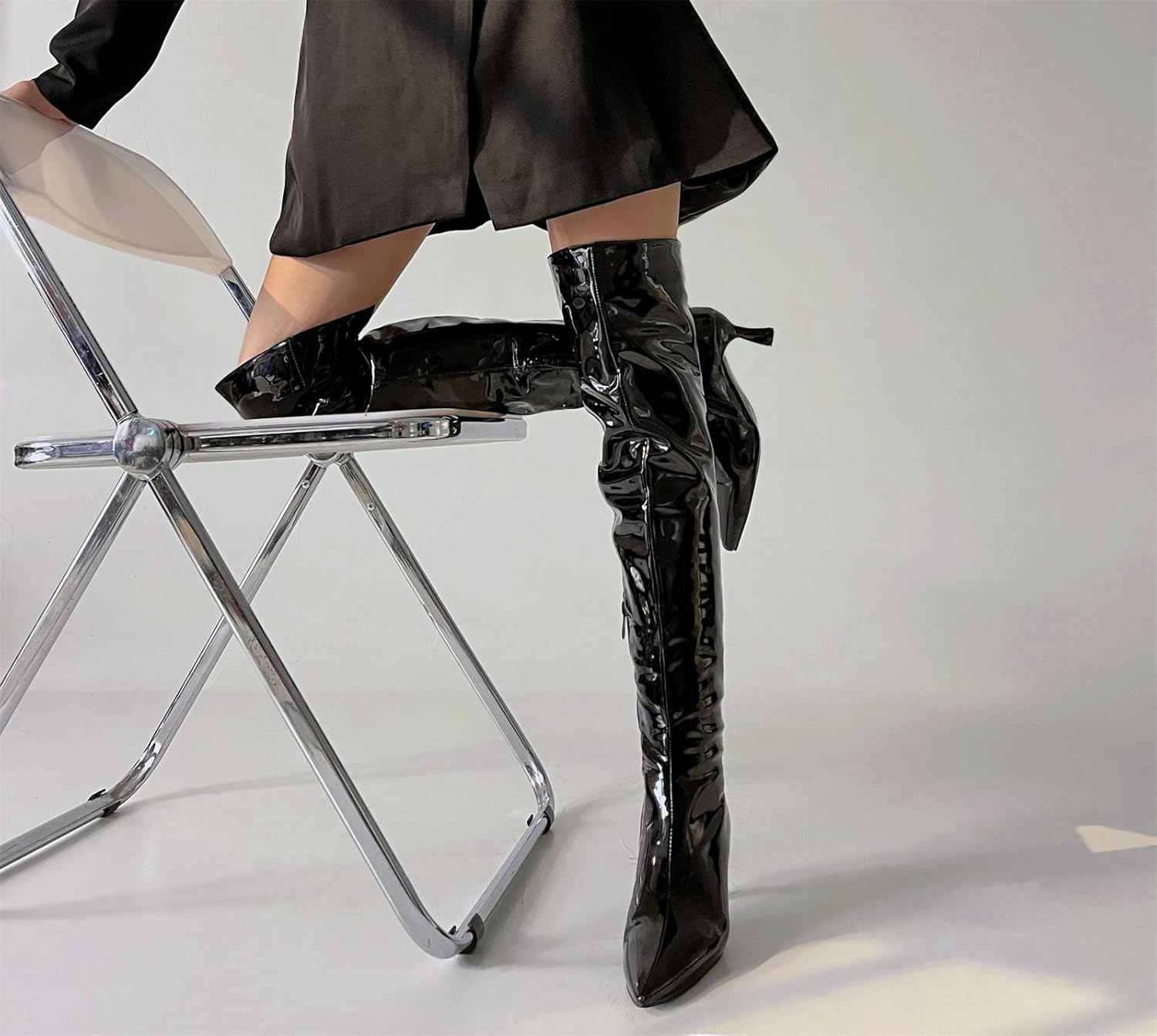 Betastella Women's Low Kitten Heel Thigh High Boots Patent Leather Pointed Toe Over The Knee High Boots