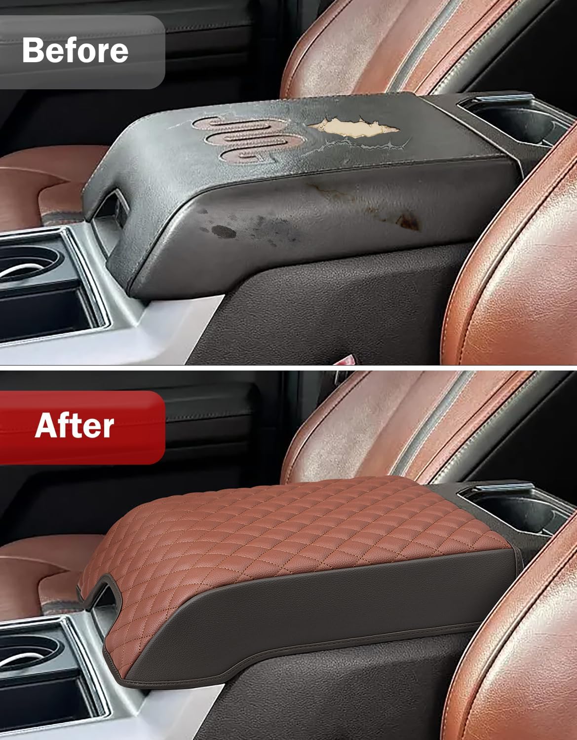 KBH Center Console Armrest Cover for 2015-2020 Ford F150, 2017-2022 F250-F550, 2018-2024 Expedition, Bucket Seat, PU Leather Cushion Pad, Anti-Scratch (Not for Other Years)