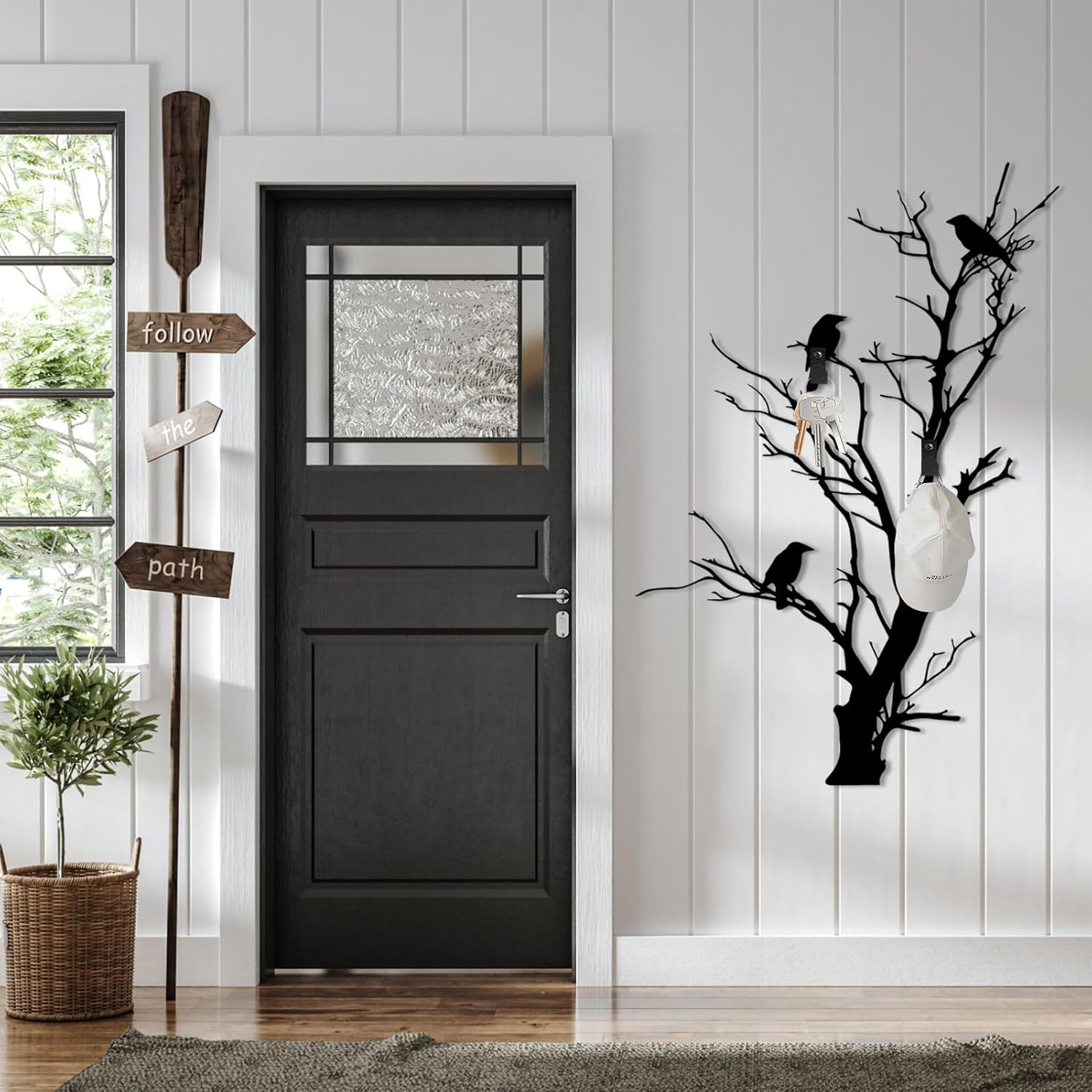 Bird on Branch Coat Rack Wall Mount, Tree of Life Metal Coat Rack, Rustic Nature Wall Hooks, Heavy Duty Wall Hanger for Coats, Hats, Keys, Farmhouse Style for Entryway (Black, 58" L x 39" W)