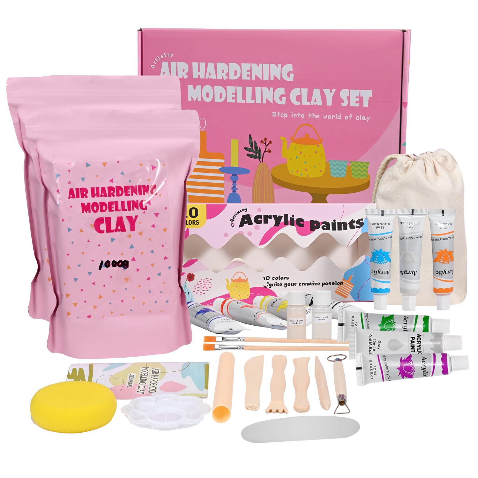 WildFun Kit de poterie pour la maison [incl. 2 kg d'argile] - 24 pièces de kit de bricolage pour la poterie pour adultes incl. jeu d'outils, couleurs & tampons - sèche à l'air, ne brûle pas