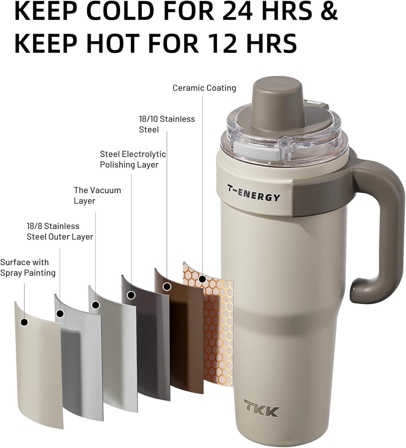 TKK 40 oz Tumblers with Handle and Straw, Ceramic Coating Insulated Bottle 100% Leakproof Travel Mug for Water, Iced Tea or Coffee, Smoothie, Cup Holder Friendly Base, Beige - Image 7