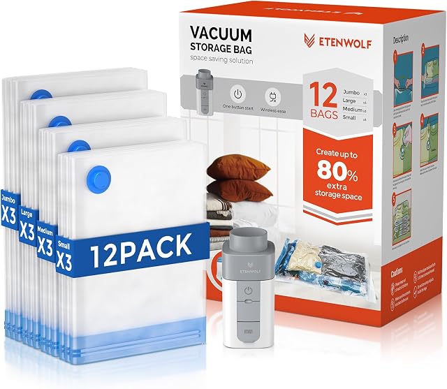 ETENWOLF 12 Sacs de rangement sous vide avec pompe sans fil rechargeable, sacs à étanchéité sous vide pour vêtements et voyages, Space Sacs de sauvetage en plusieurs tailles de charge, parfait pour les bagages et valises