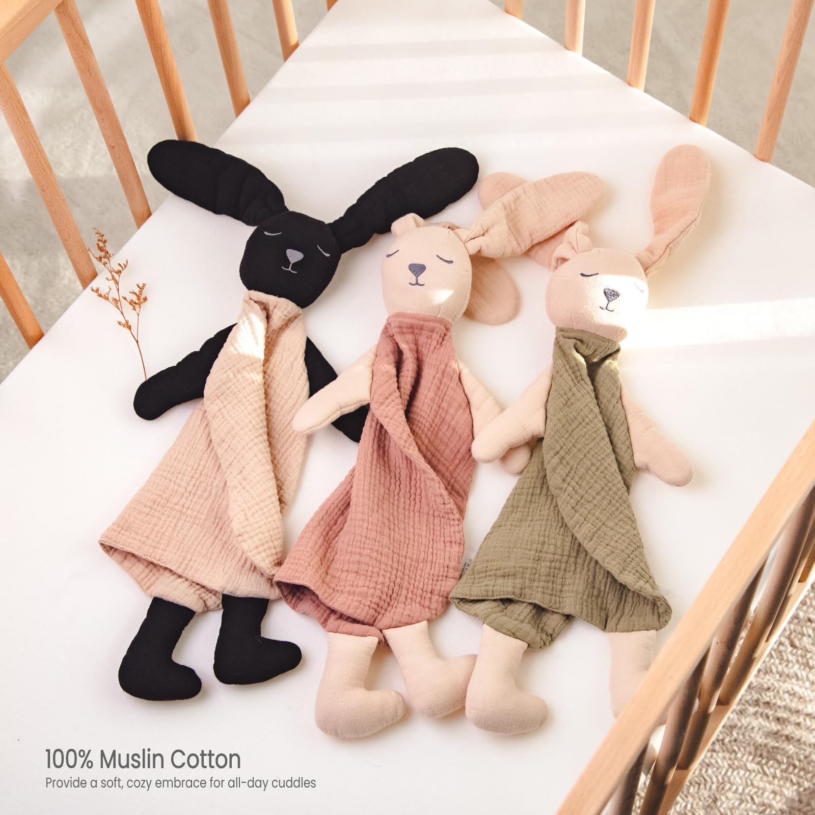 lulumoon Muslin Bunny Lovey for Babies: Skin-Friendly Security Blanket for Self-Soothe - Newborn Gift for Baby Shower - 3