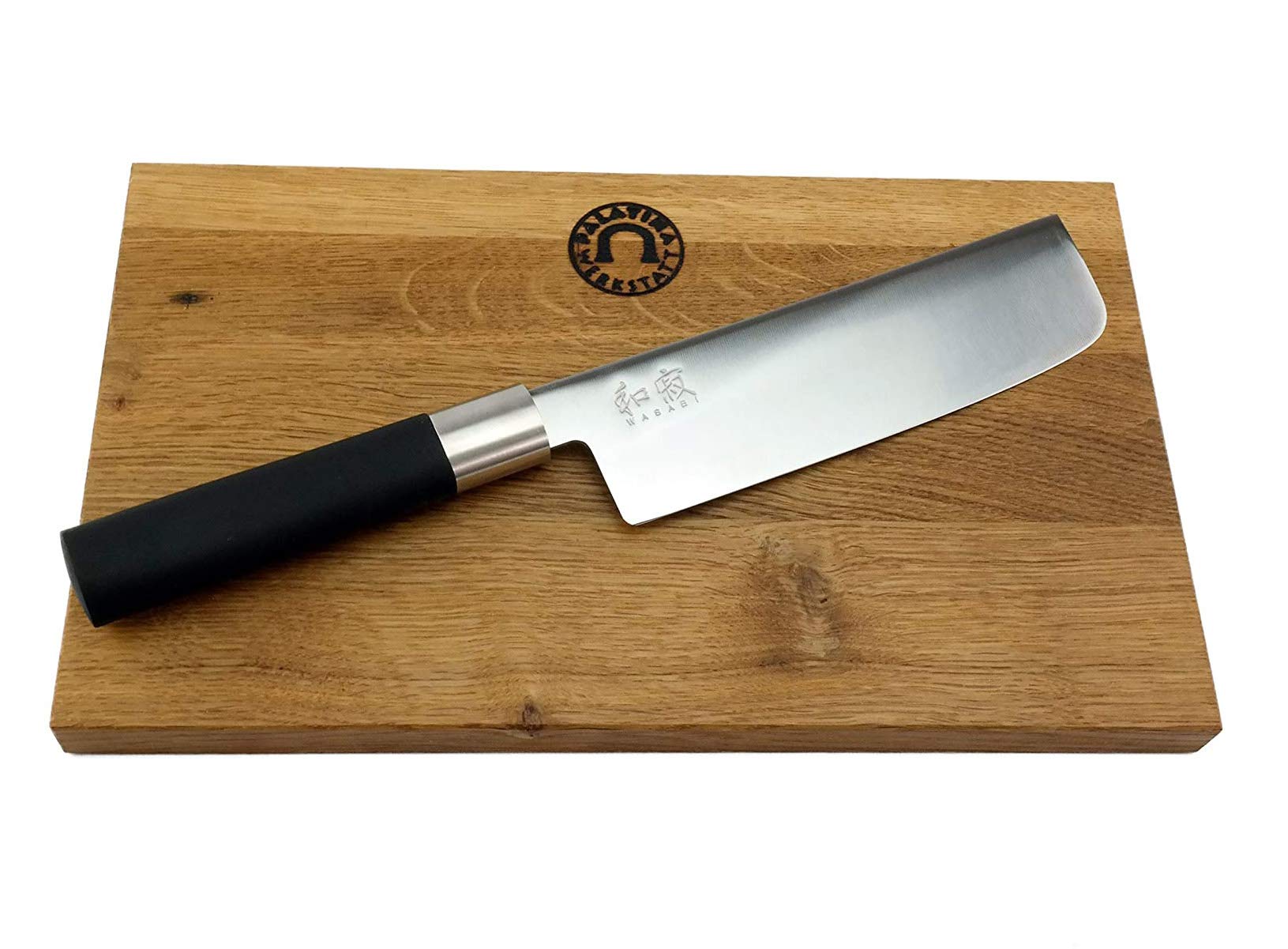 KAI Wasabi Black Geschenkset Nakiri Messer Japanisches Küchenmesser ultrascharf mit Eiche Schneidebrett 30x20 cm – Gemüsemesser Set für Hobbyköche & Küche