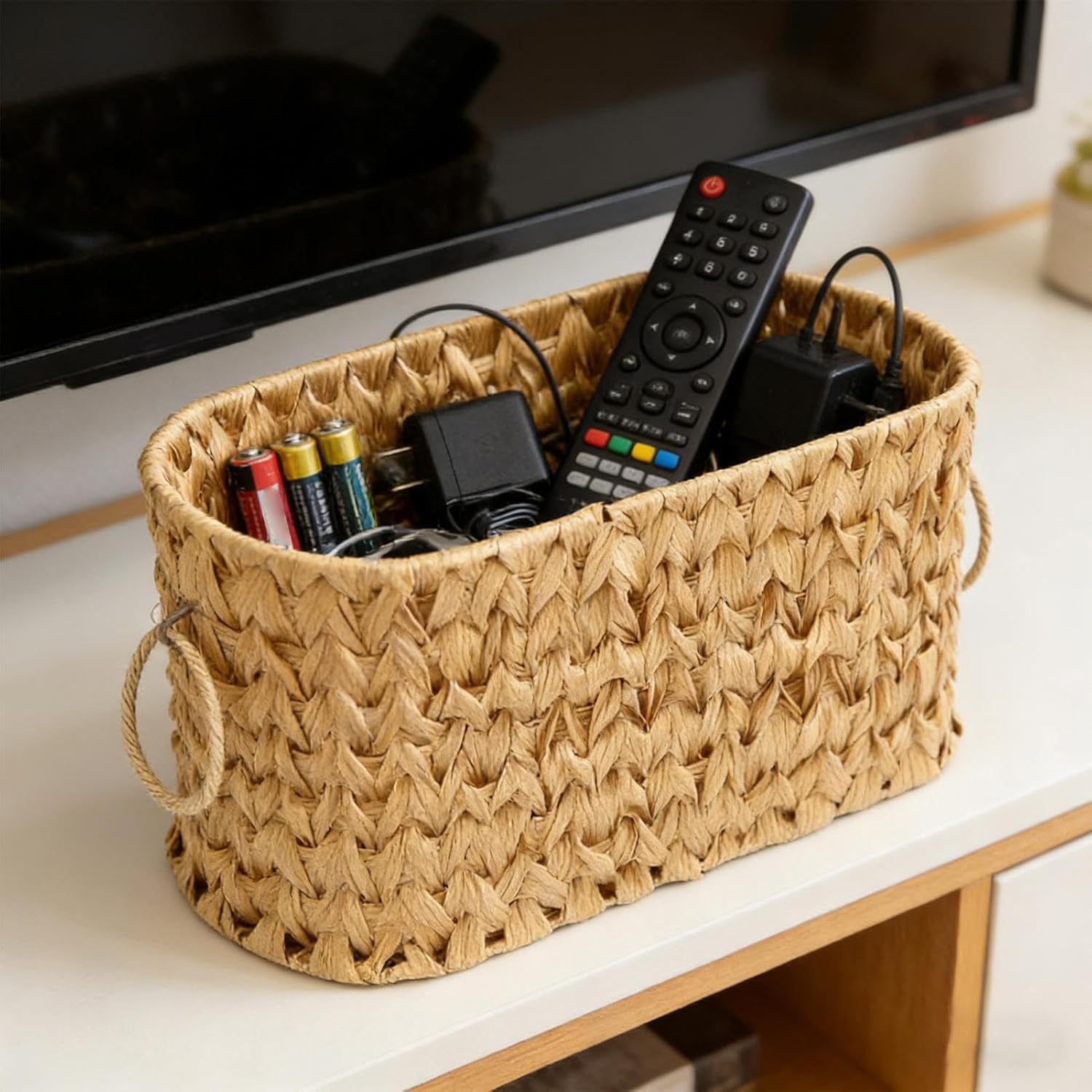 Rattan Storage Basket, Portable Toilet Paper Organizer, Large Container with Carry Handle, Imitation Weave Bin, Bathroom Basket with Decorative Style, Tissue Storage for Shelf Tank