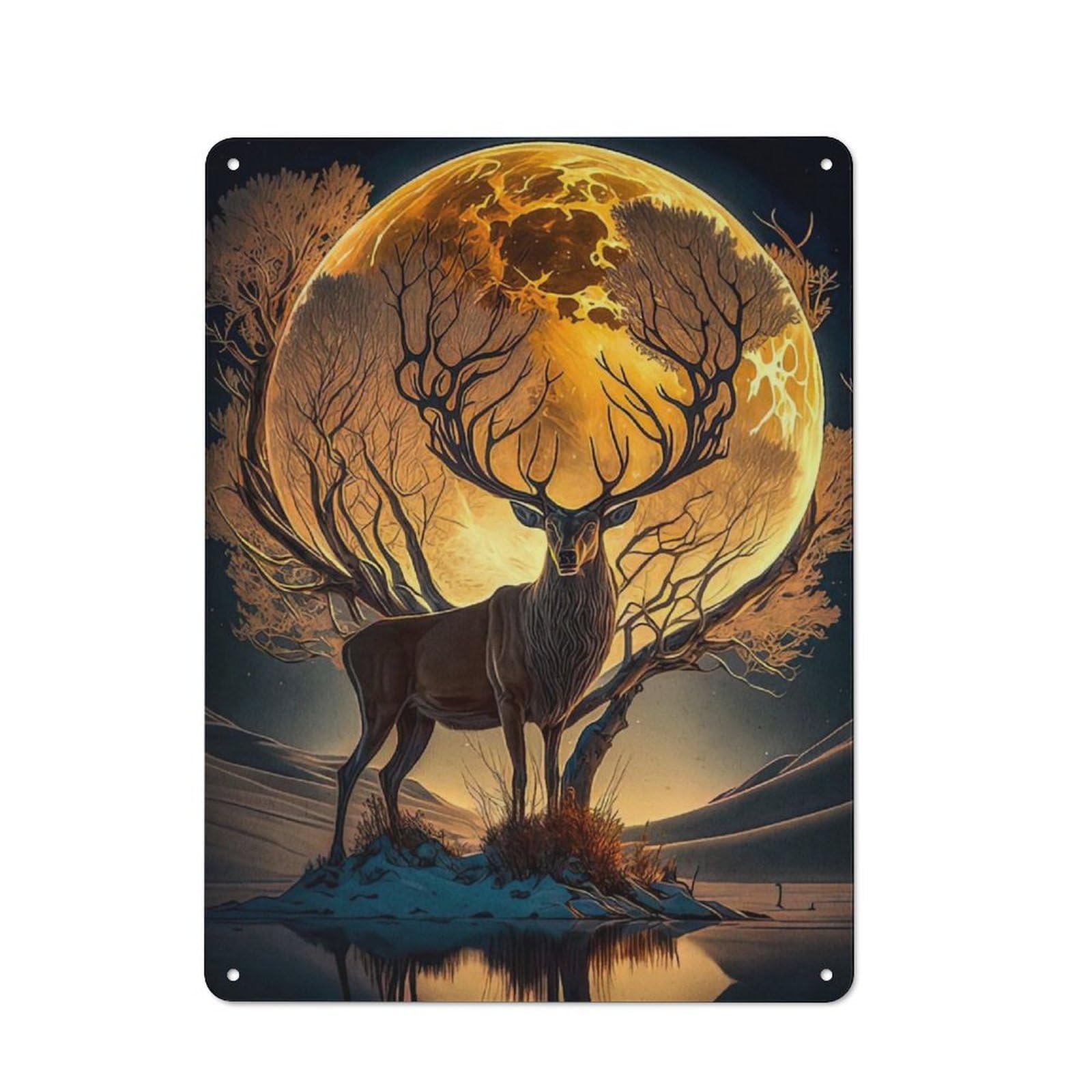 Junmoney Deer Moon Landscape Metal Sign 40X30cm With For Pub Or Café, Retro Decor, Suited To Café Interior Fans