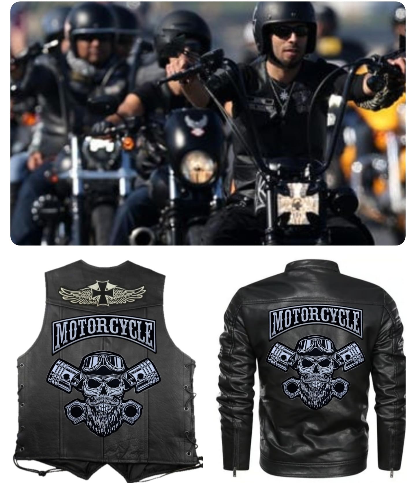 Juego de 2 parches bordados Biker "Motorcycle" + Punck Skull XXL parches termoadhesivos para chalecos y chaquetas de moto, para decorar chaquetas de moto, bordado en accesorios de ropa, manualidades.